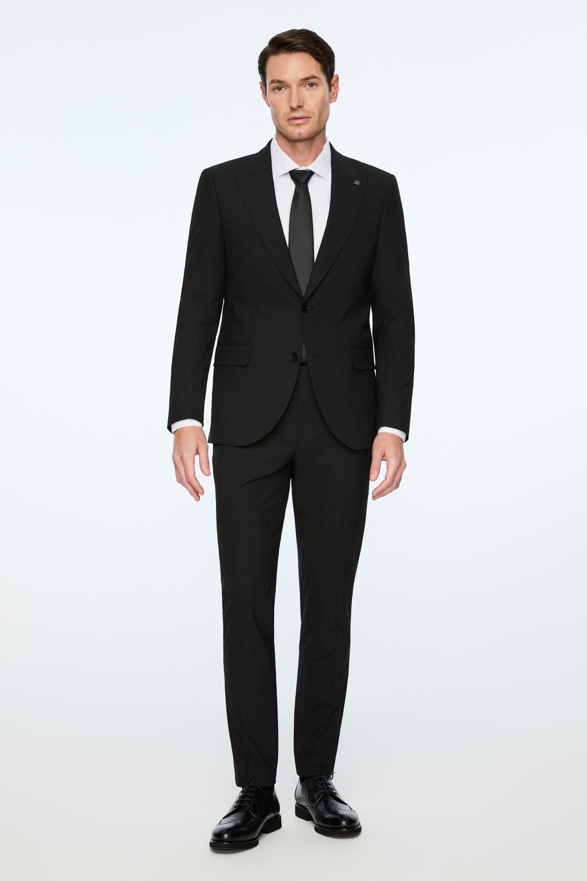Morven Erkek Siyah Poliviskon Basic Düz Slim Fit Sivri Yaka Takım Elbise