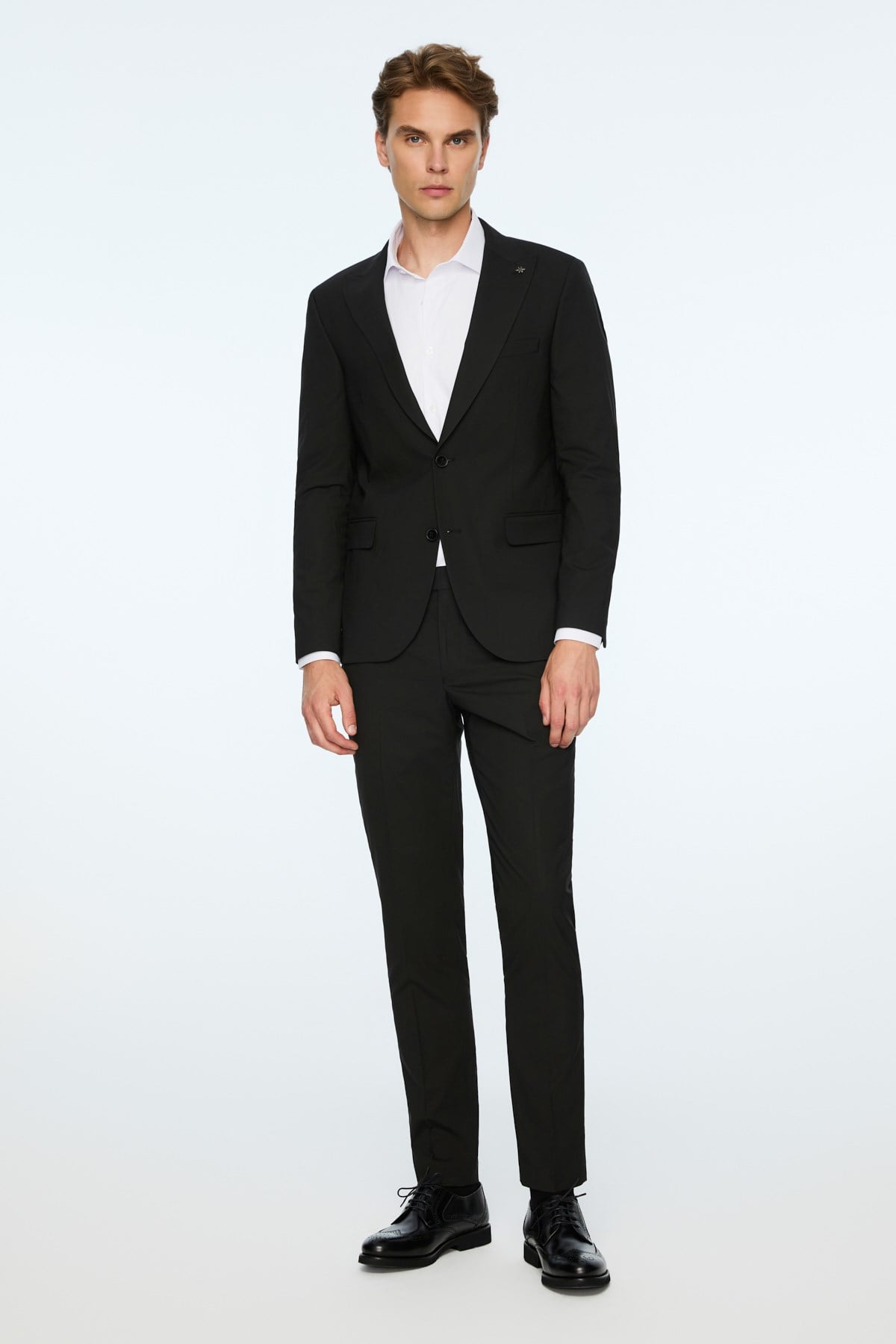 Morven Erkek Siyah Poliviskon Basic Düz Slim Fit Sivri Yaka Takım Elbise