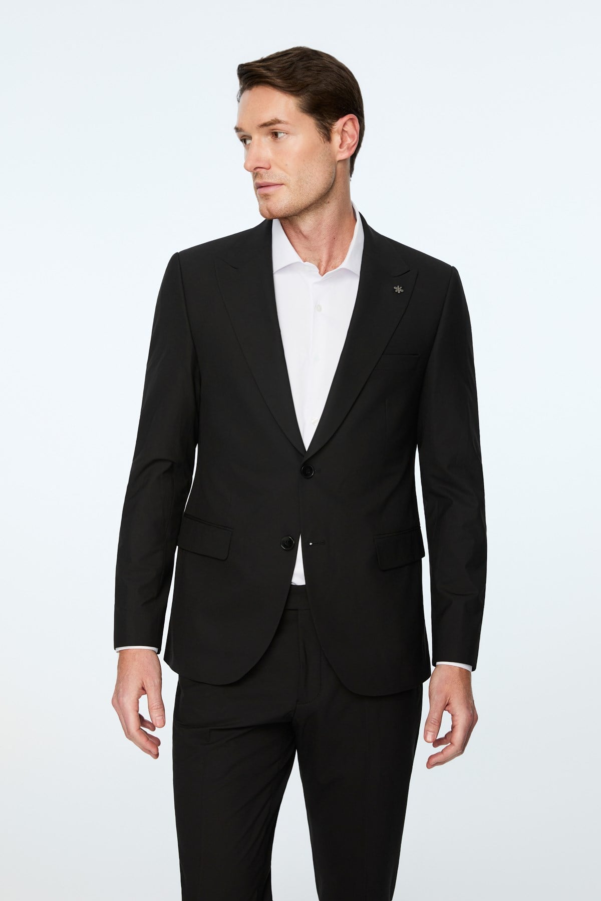 Morven Erkek Siyah Poliviskon Basic Düz Slim Fit Sivri Yaka Takım Elbise