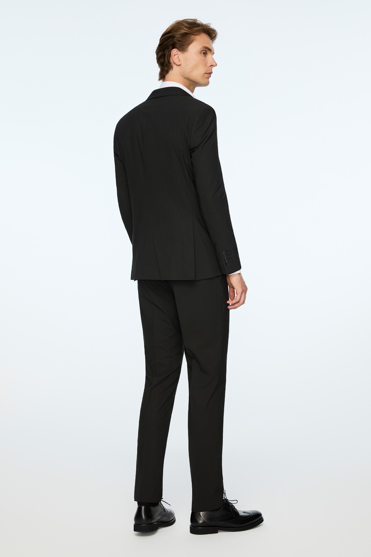 Morven Erkek Siyah Poliviskon Basic Düz Slim Fit Sivri Yaka Takım Elbise