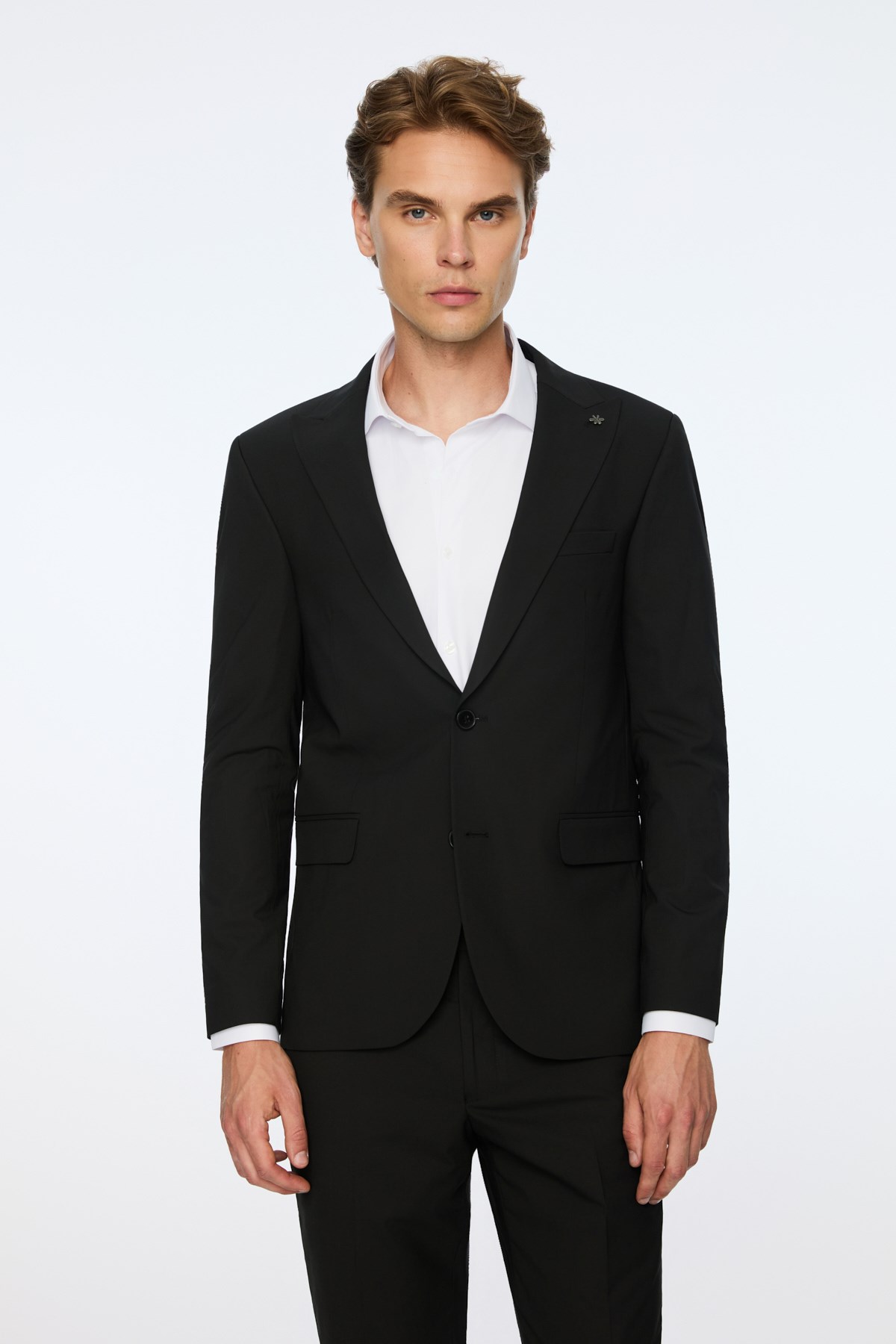 Morven Erkek Siyah Poliviskon Basic Düz Slim Fit Sivri Yaka Takım Elbise
