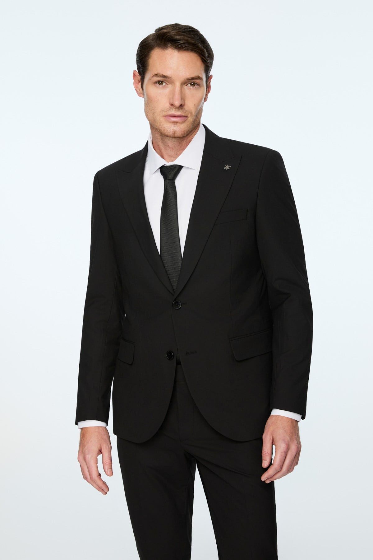 Morven Erkek Siyah Poliviskon Basic Düz Slim Fit Sivri Yaka Takım Elbise