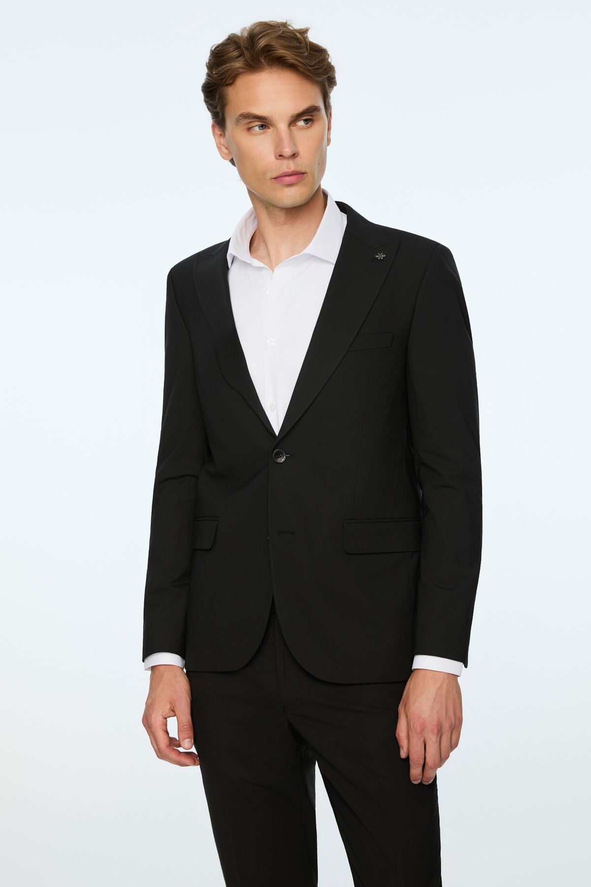Morven Erkek Siyah Poliviskon Basic Düz Slim Fit Sivri Yaka Takım Elbise