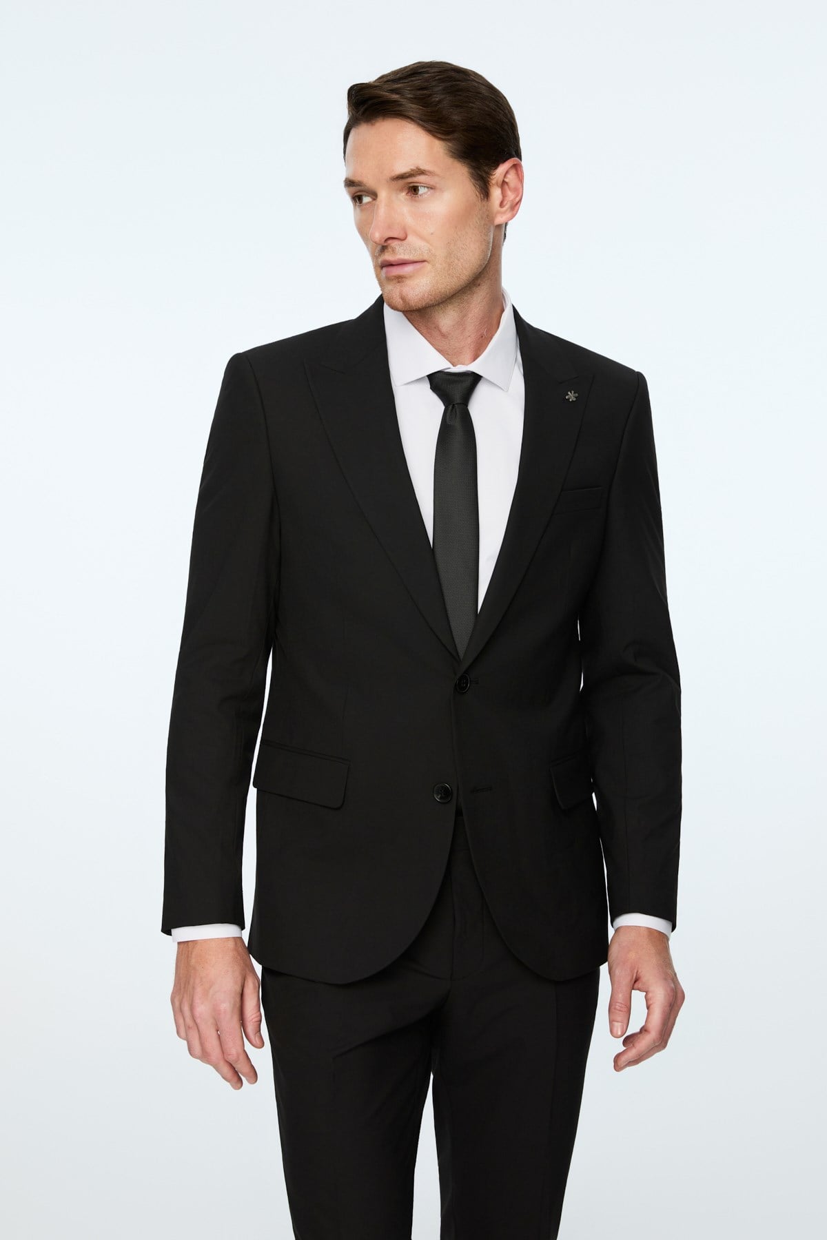 Morven Erkek Siyah Poliviskon Basic Düz Slim Fit Sivri Yaka Takım Elbise