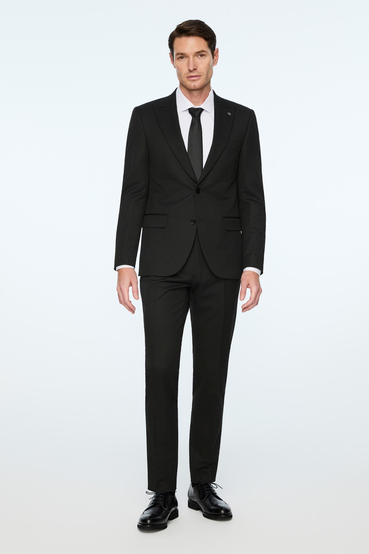 Morven Erkek Siyah Poliviskon Basic Düz Slim Fit Sivri Yaka Takım Elbise