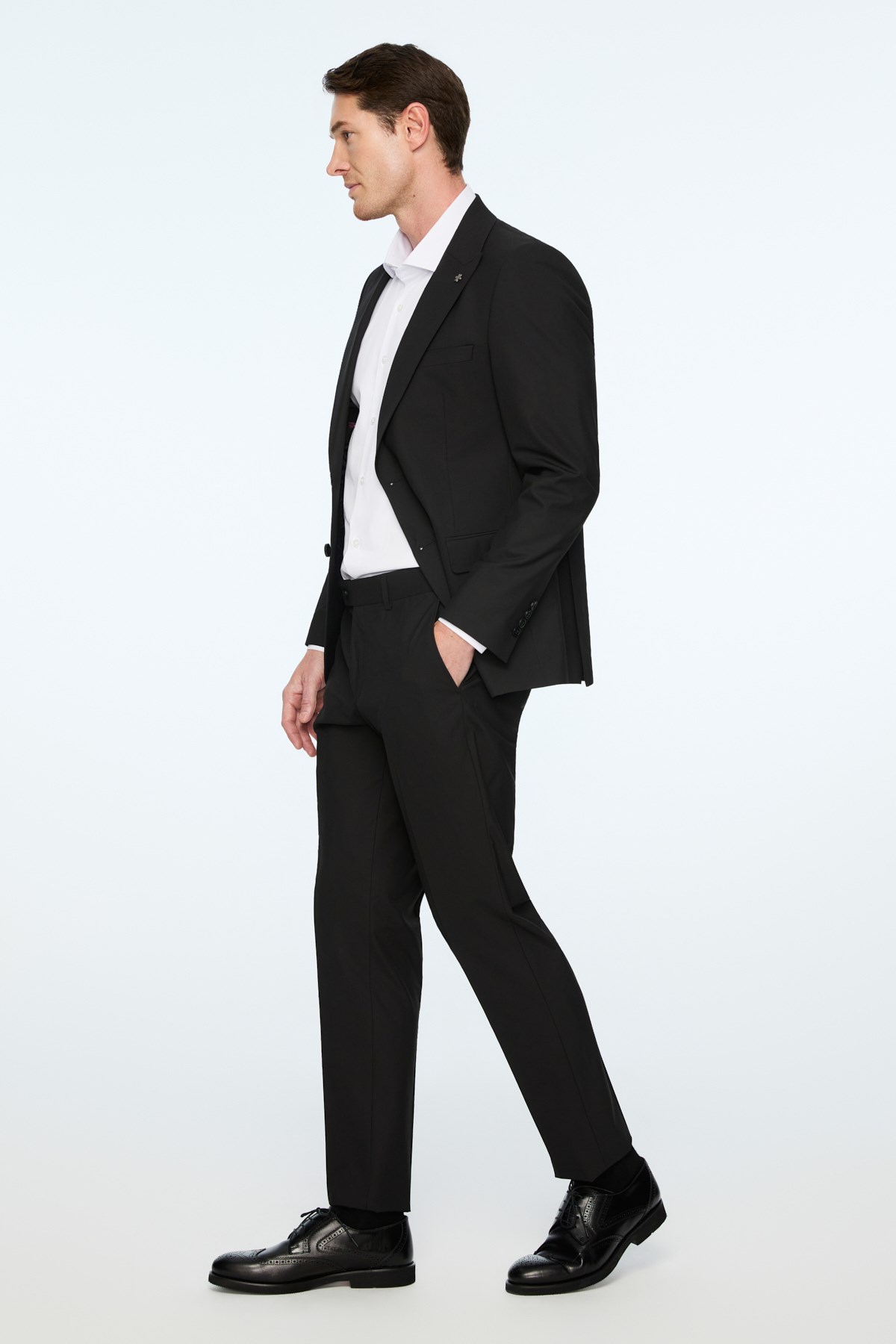 Morven Erkek Siyah Poliviskon Basic Düz Slim Fit Sivri Yaka Takım Elbise