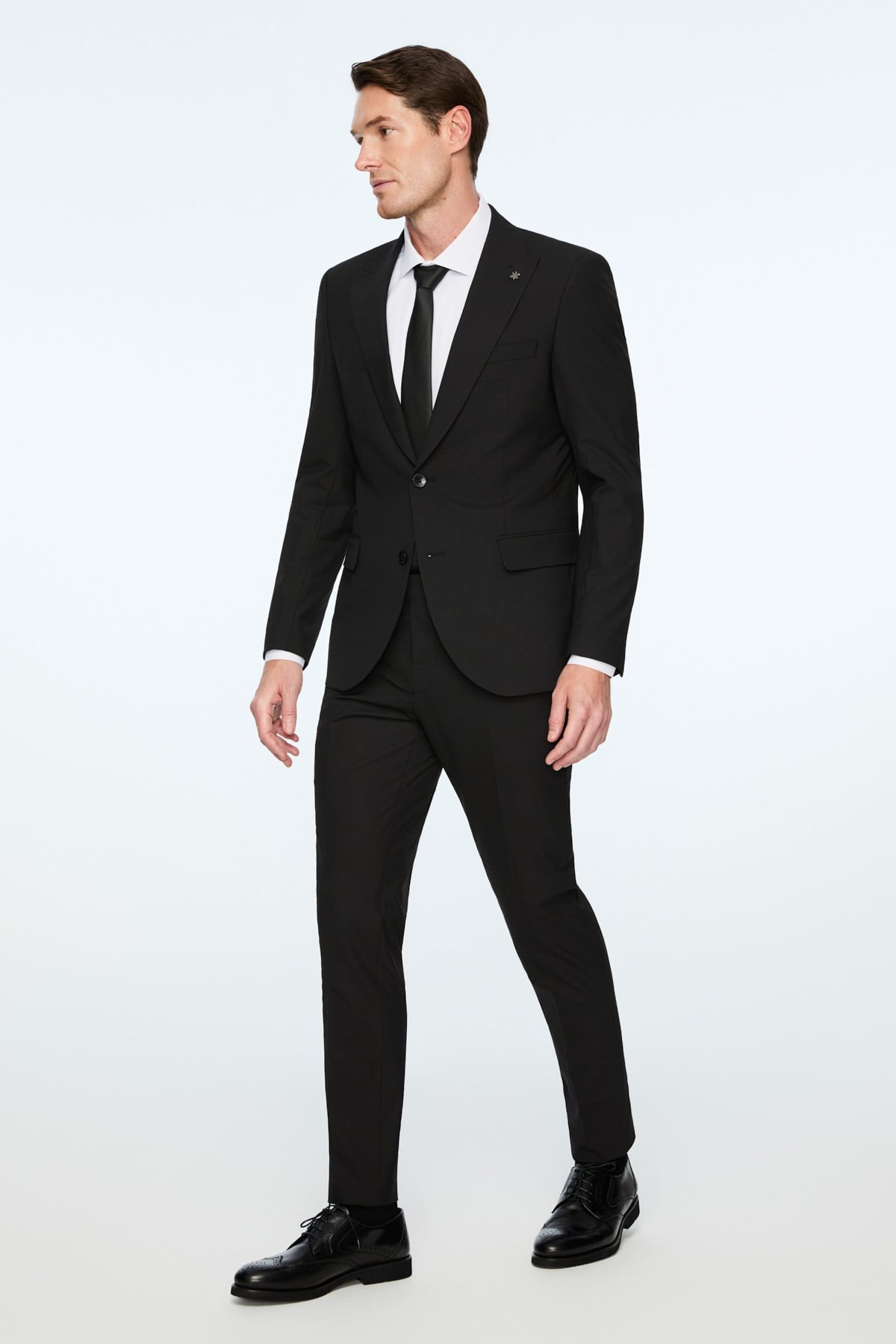 Morven Erkek Siyah Poliviskon Basic Düz Slim Fit Sivri Yaka Takım Elbise