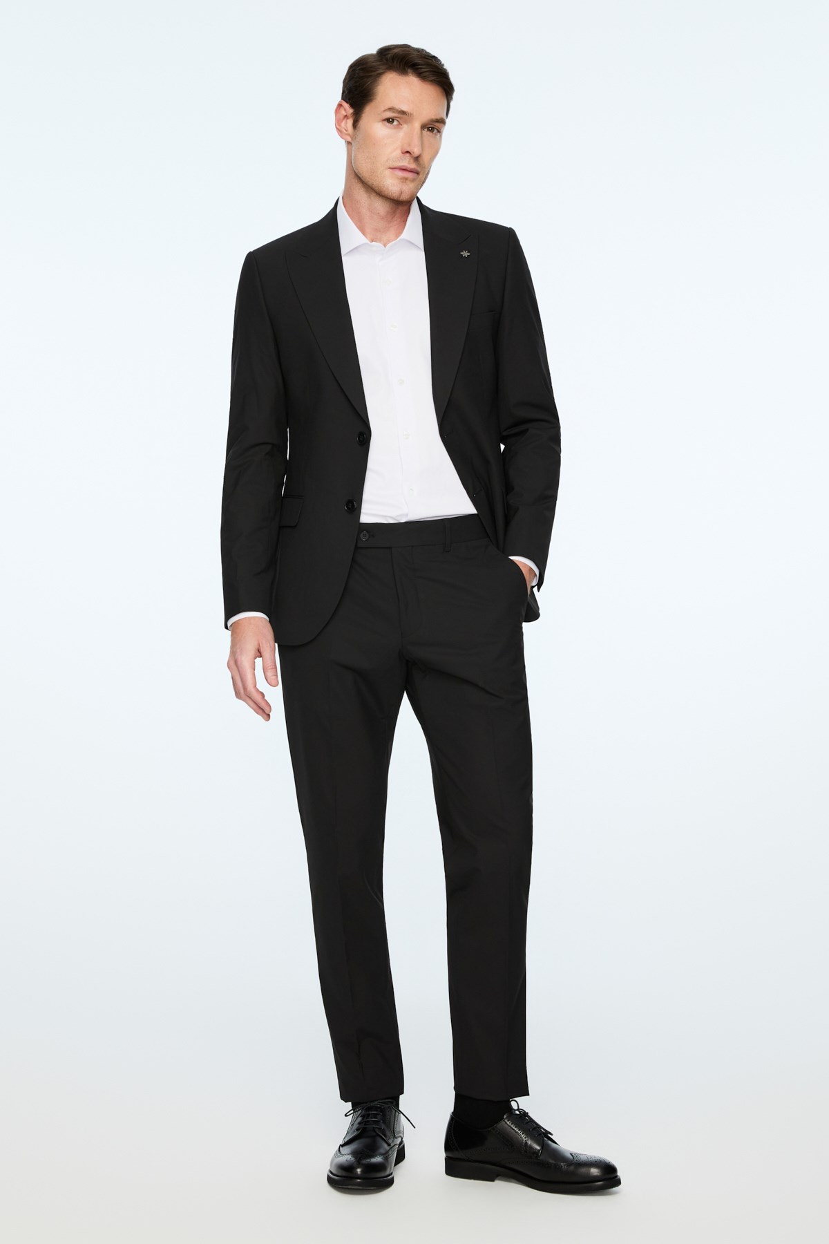 Morven Erkek Siyah Poliviskon Basic Düz Slim Fit Sivri Yaka Takım Elbise