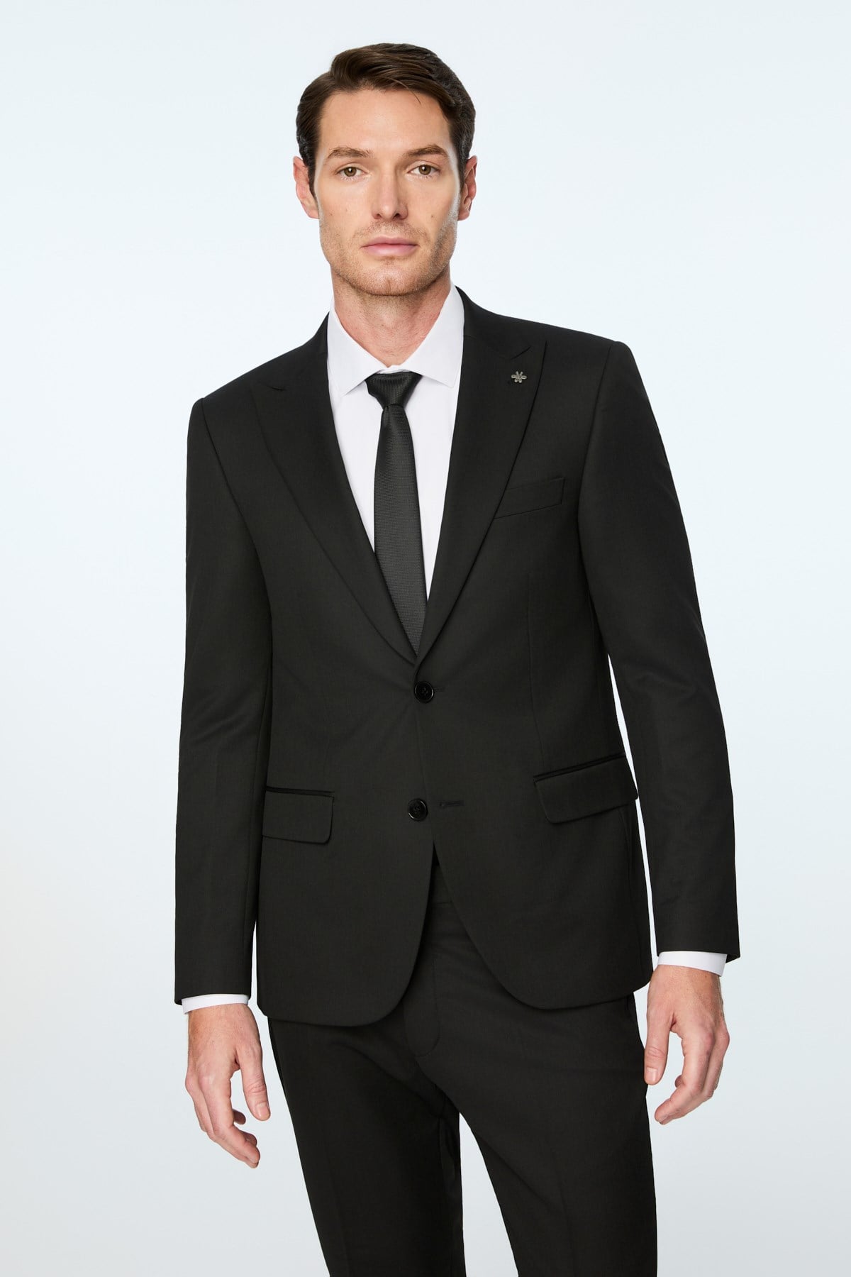 Morven Erkek Siyah Poliviskon Basic Düz Slim Fit Sivri Yaka Takım Elbise