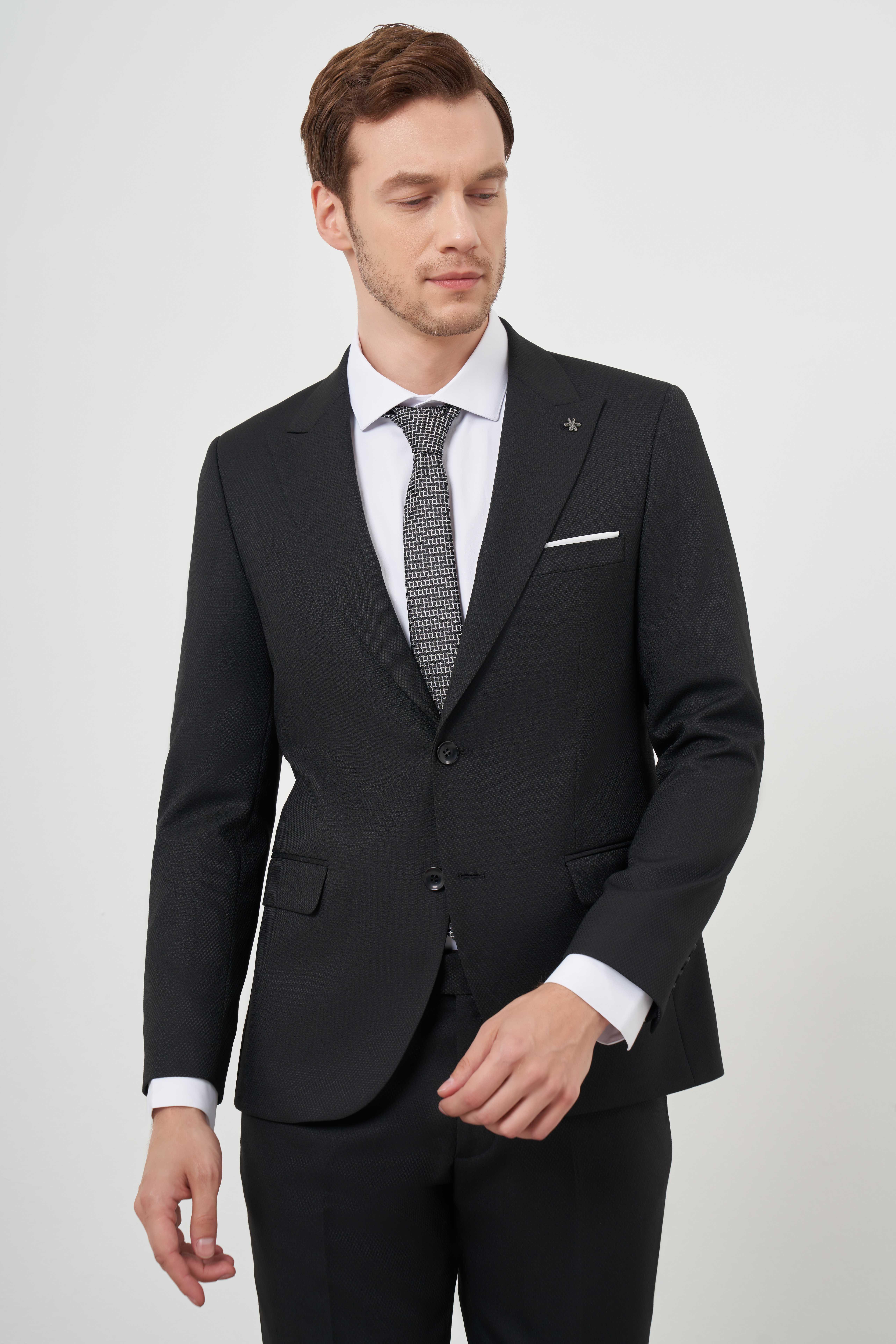 Morven Erkek Siyah Poliviskon Basic Jakar Desen Slim Fit Sivri Yaka Takım Elbise