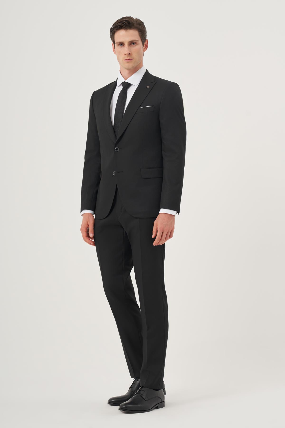 Morven Erkek Siyah Poliviskon Basic Jakarlı Slim Fit Sivri Yaka Takım Elbise