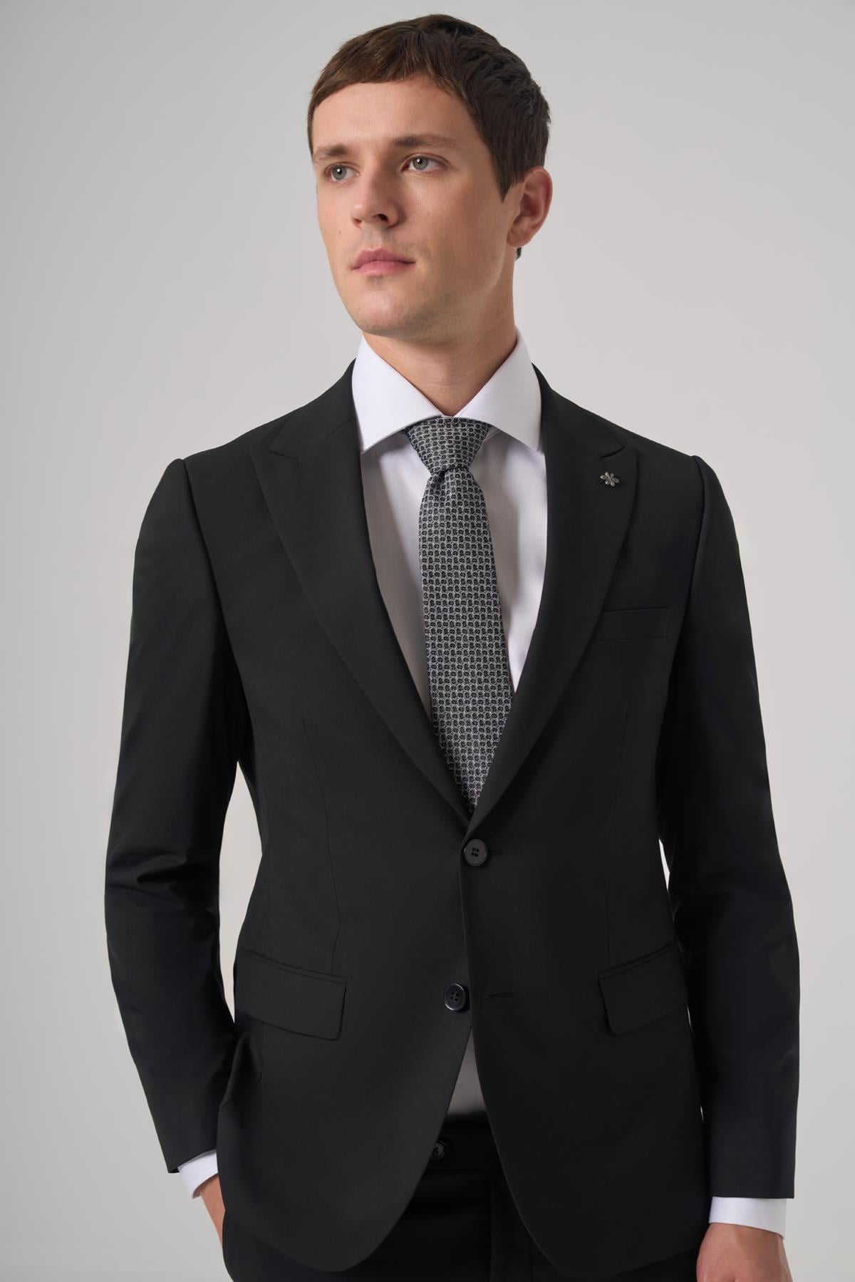 Morven Erkek Siyah Poliviskon Basic Slim Fit Sivri Yaka Takım Elbise