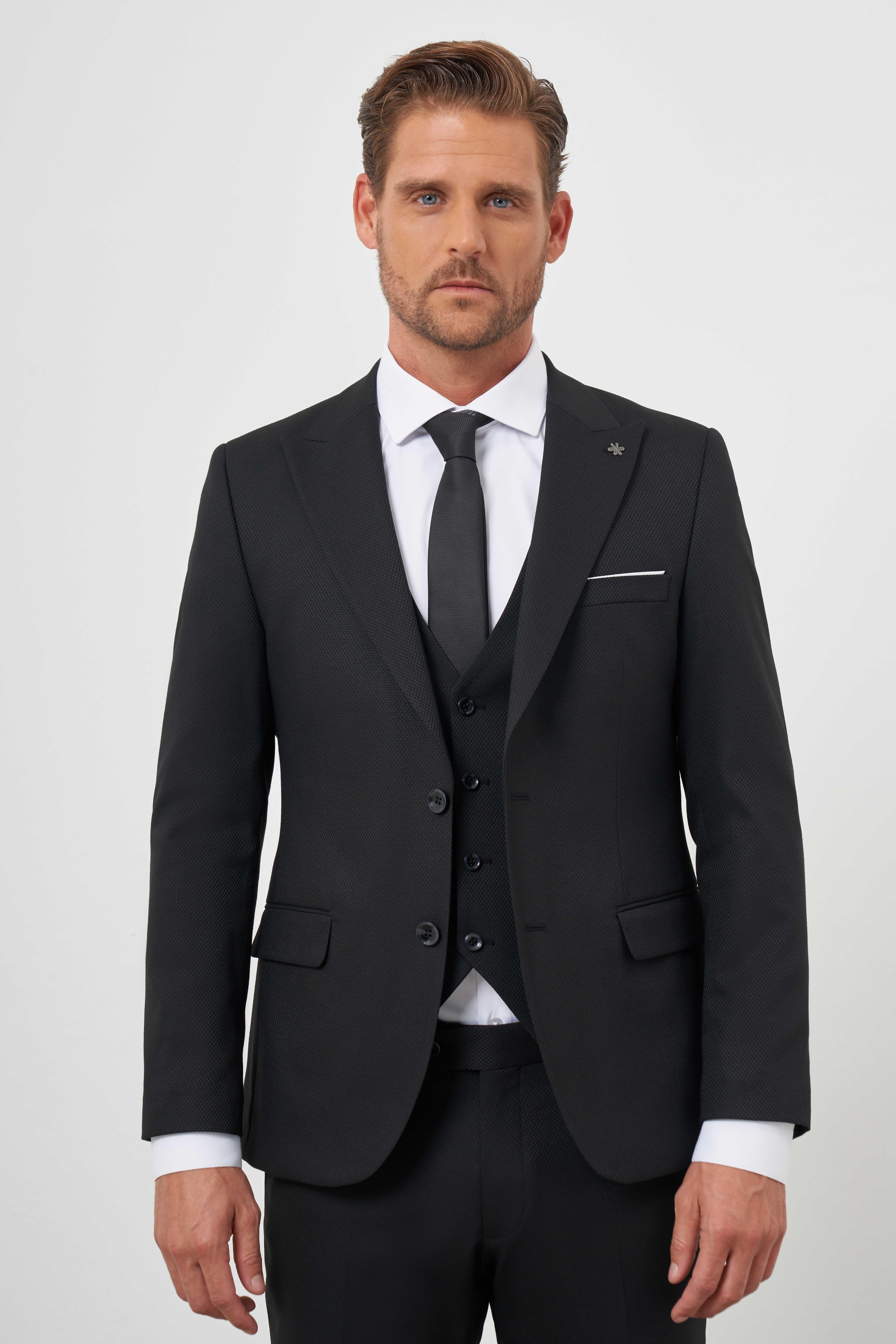 Morven Erkek Siyah Poliviskon Basic Yelekli Jakar Desen Slim Fit Sivri Yaka Takım Elbise