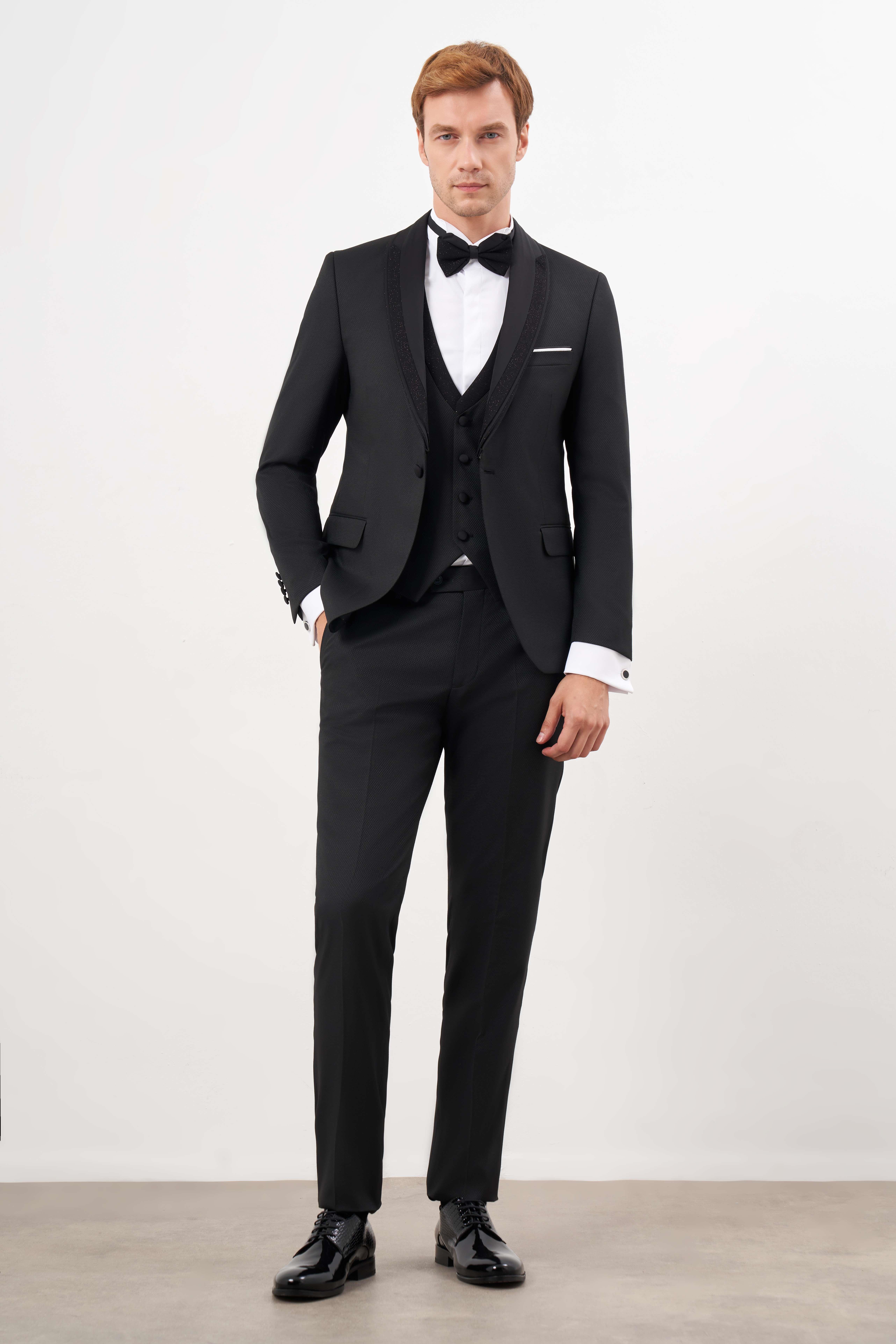 Morven Erkek Siyah Poliviskon Ceromonia Jakar Desen Slim Fit Şal Çıkma Yaka Damatlık