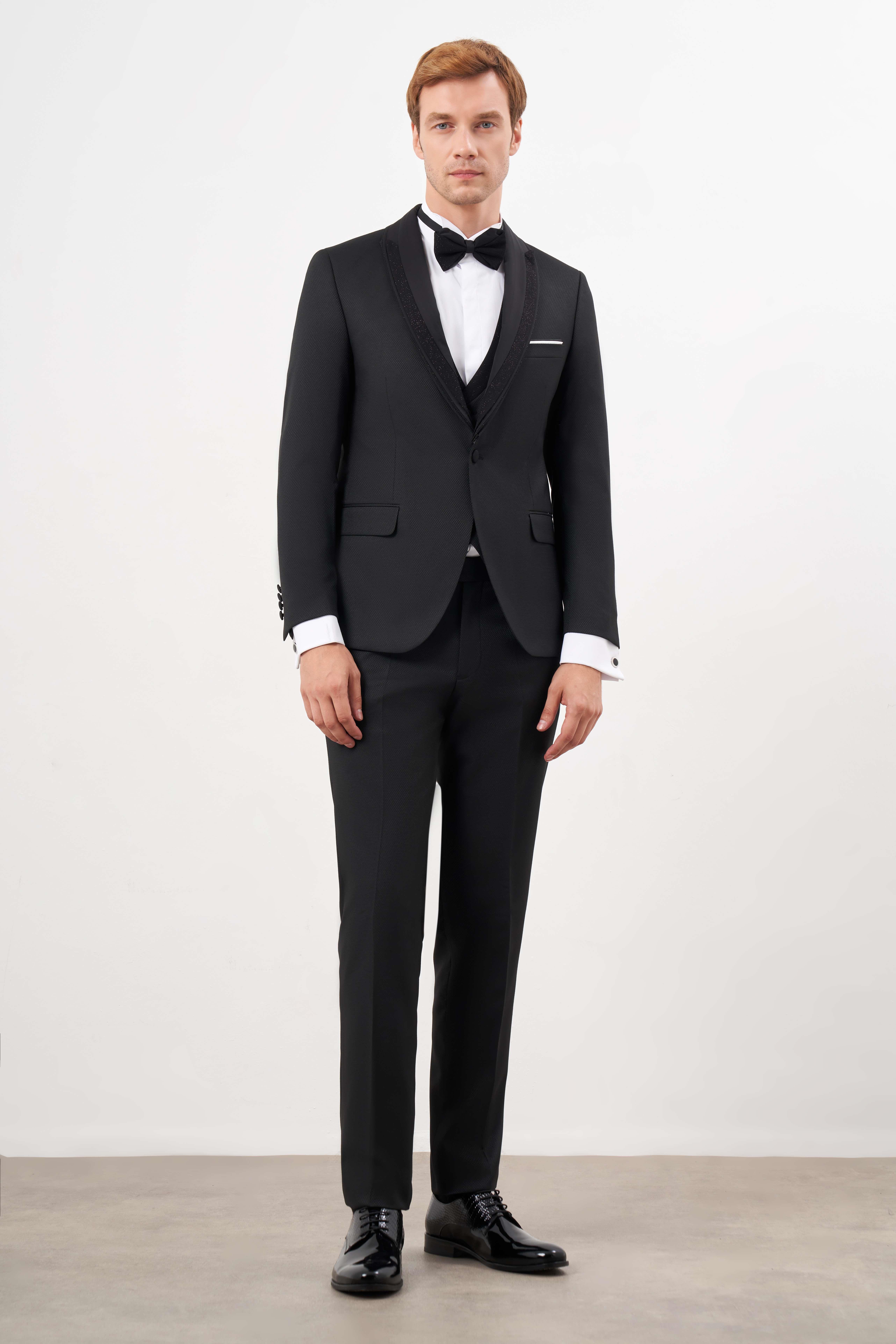 Morven Erkek Siyah Poliviskon Ceromonia Jakar Desen Slim Fit Şal Çıkma Yaka Damatlık