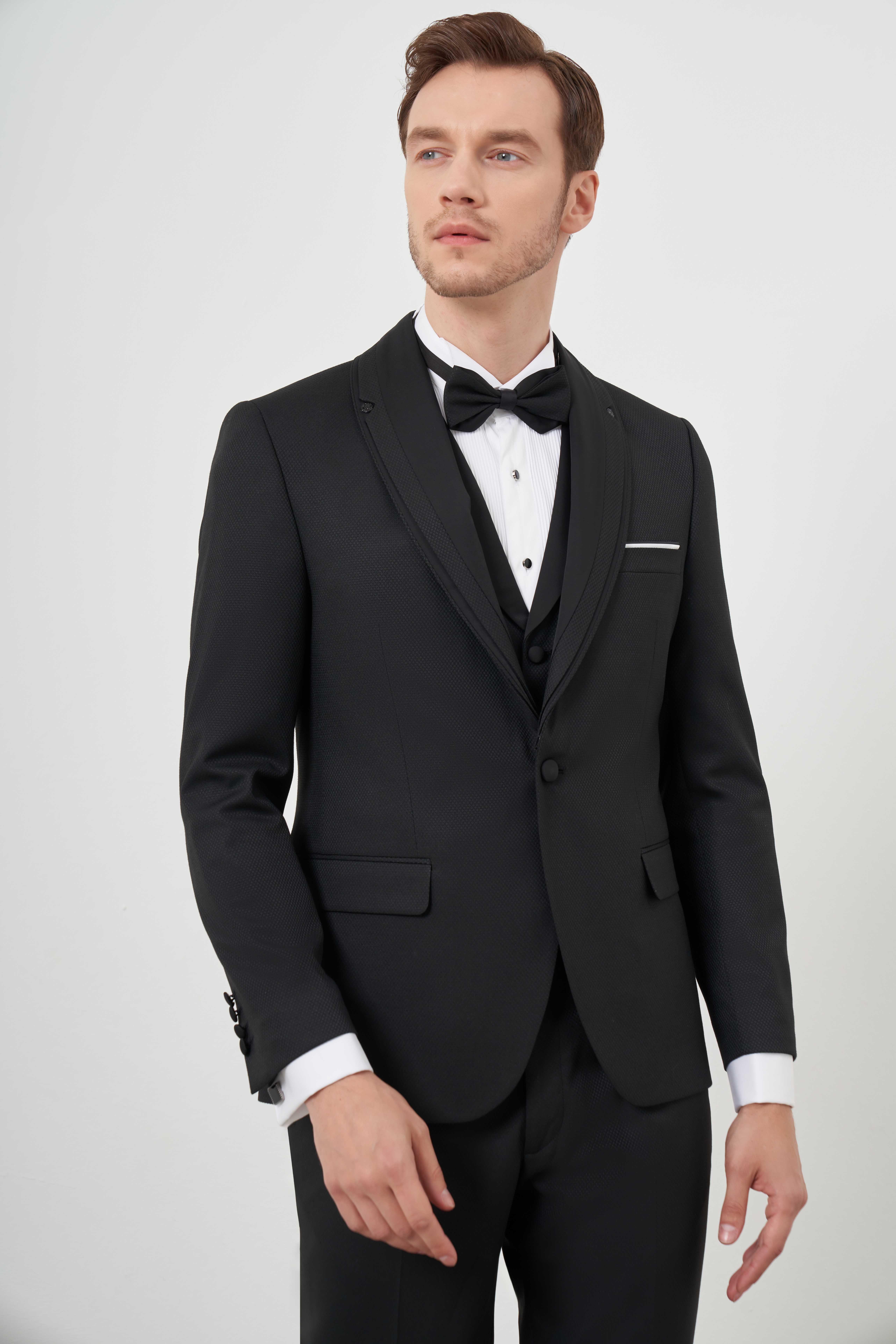 Morven Erkek Siyah Poliviskon Ceromonia Jakar Desen Slim Fit Şal Çıkma Yaka Damatlık