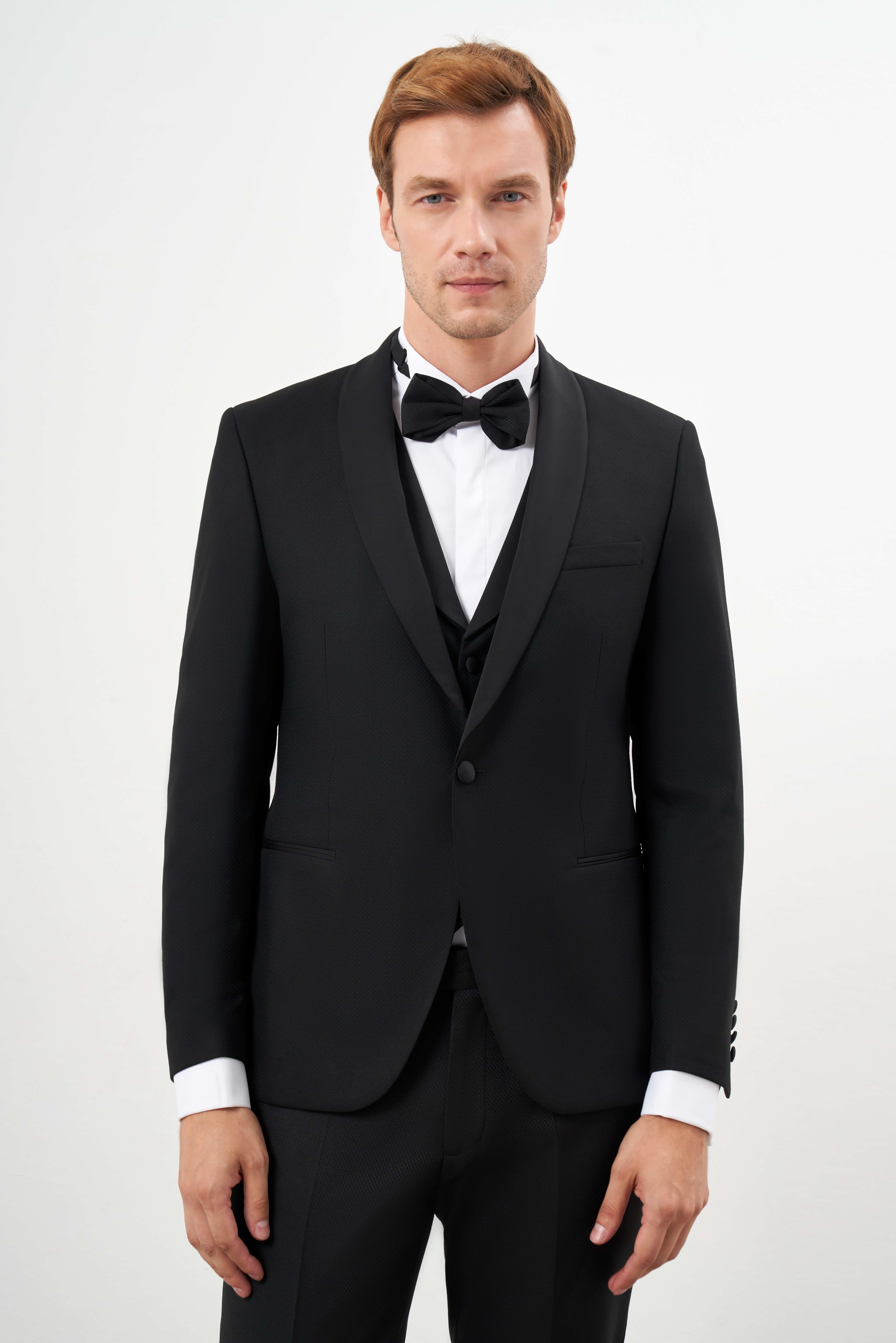 Morven Erkek Siyah Poliviskon Ceromonia Santorini Slim Fit Şal Yaka Damatlık