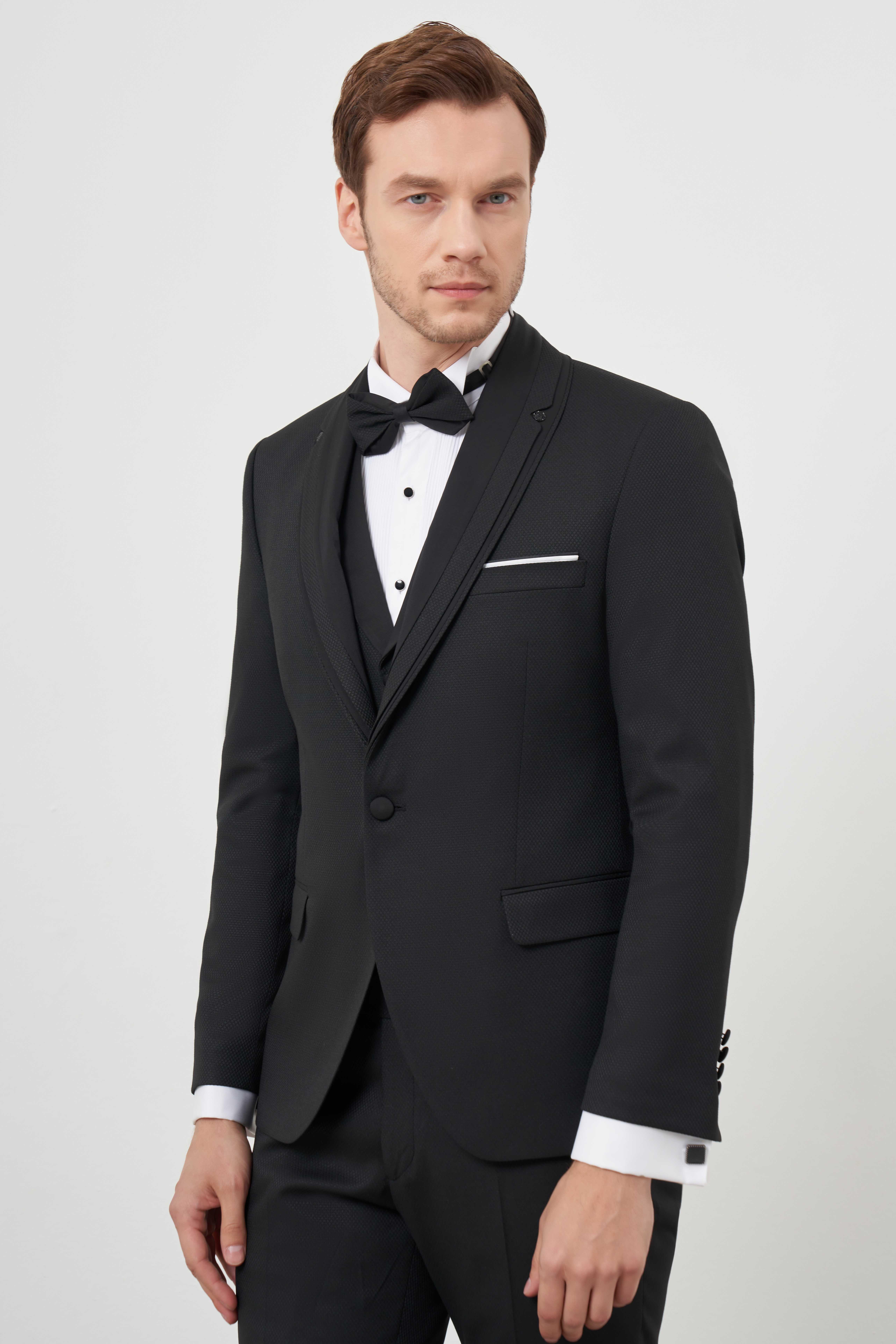 Morven Erkek Siyah Poliviskon Ceromonia Jakar Desen Slim Fit Şal Çıkma Yaka Damatlık