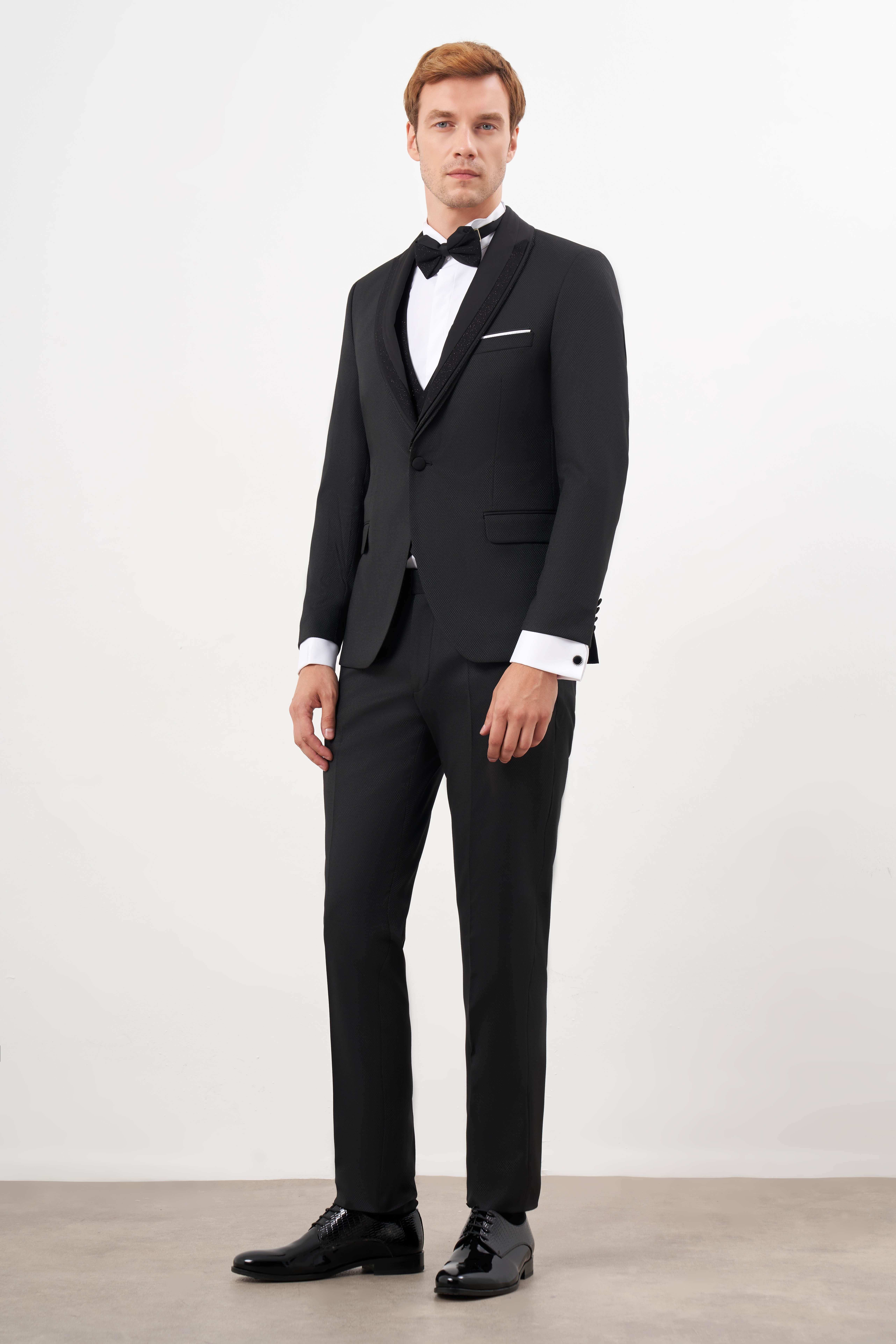 Morven Erkek Siyah Poliviskon Ceromonia Jakar Desen Slim Fit Şal Çıkma Yaka Damatlık