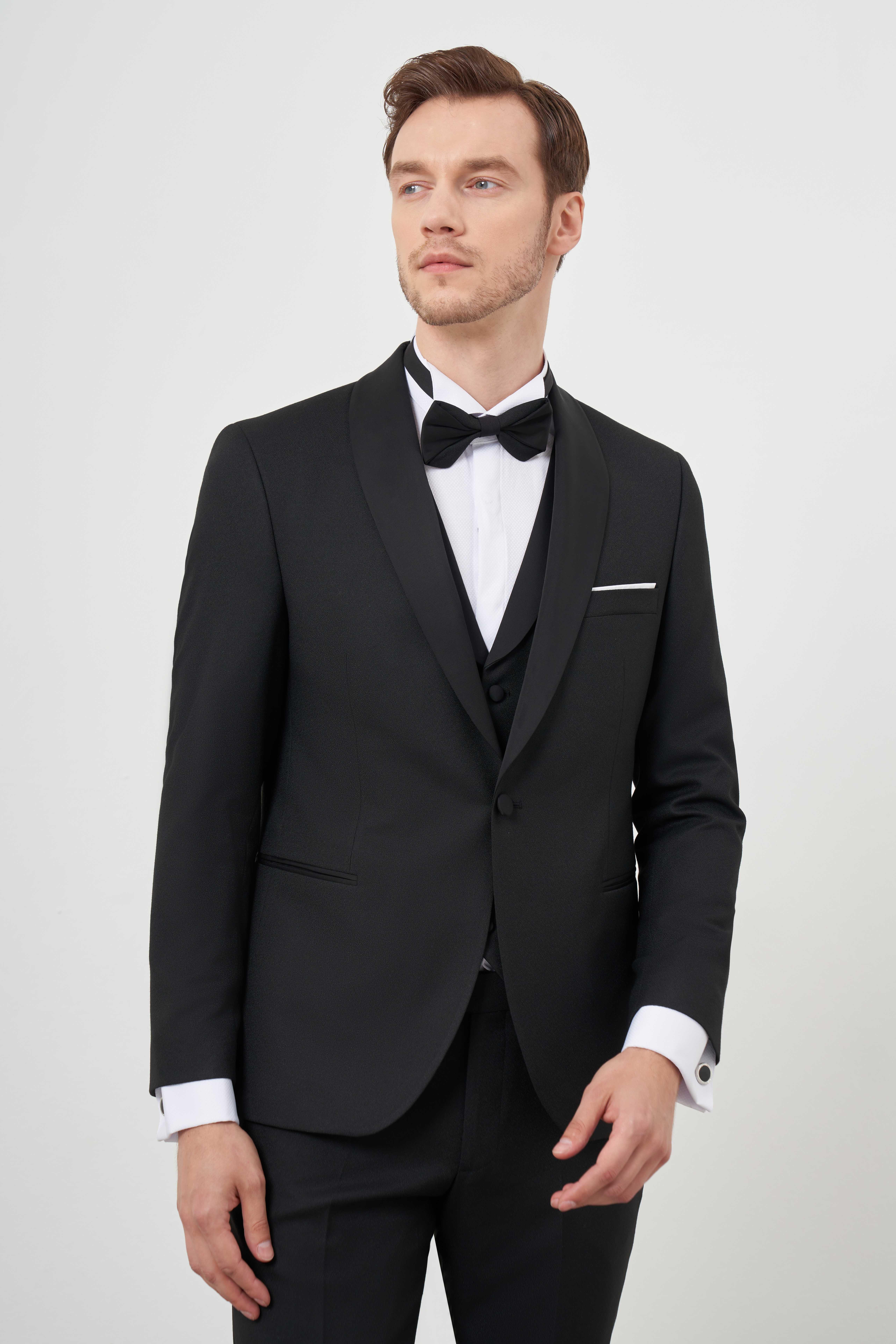 Morven Erkek Siyah Poliviskon Ceromonia Santorini Slim Fit Şal Yaka Damatlık