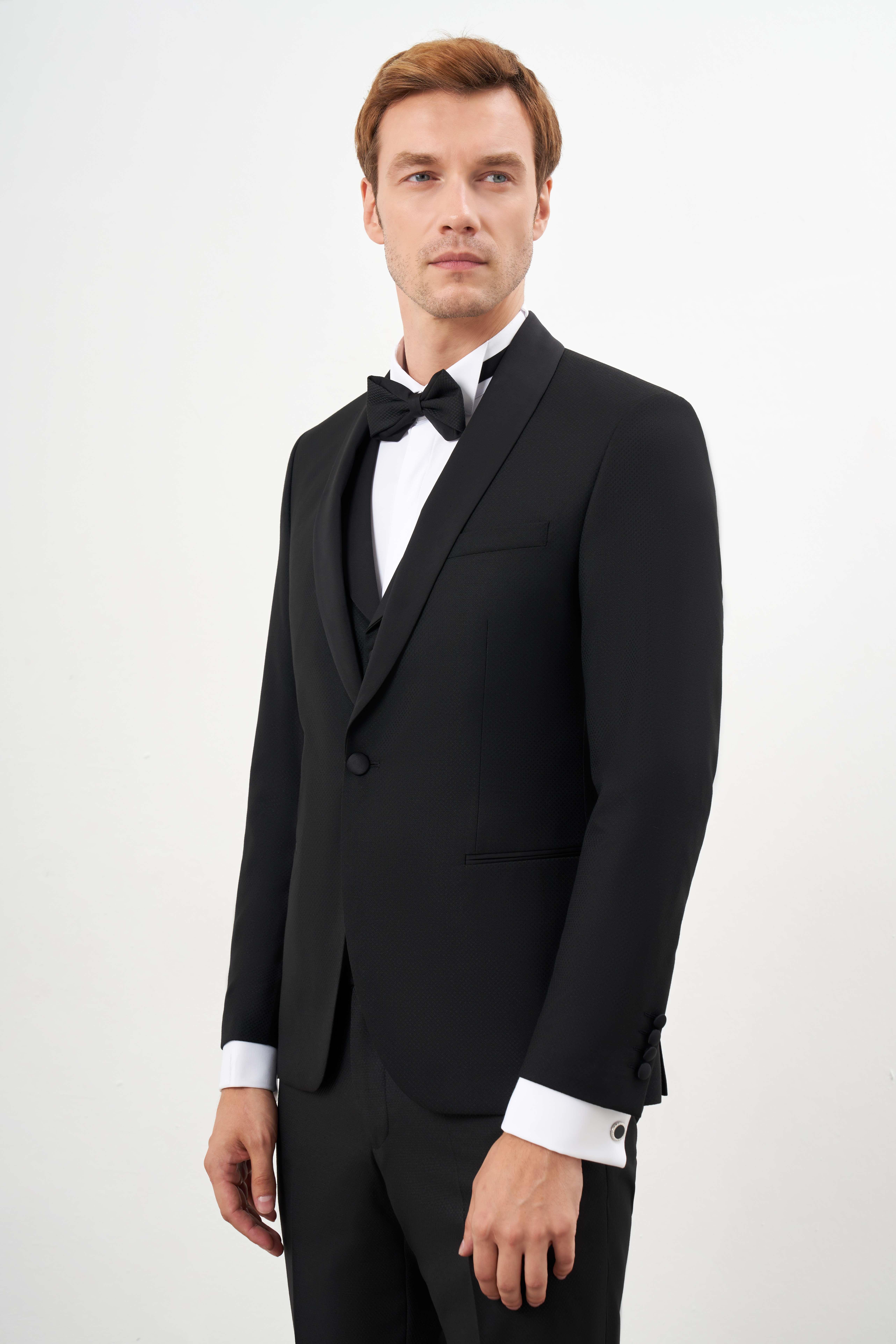 Morven Erkek Siyah Poliviskon Ceromonia Santorini Slim Fit Şal Yaka Damatlık