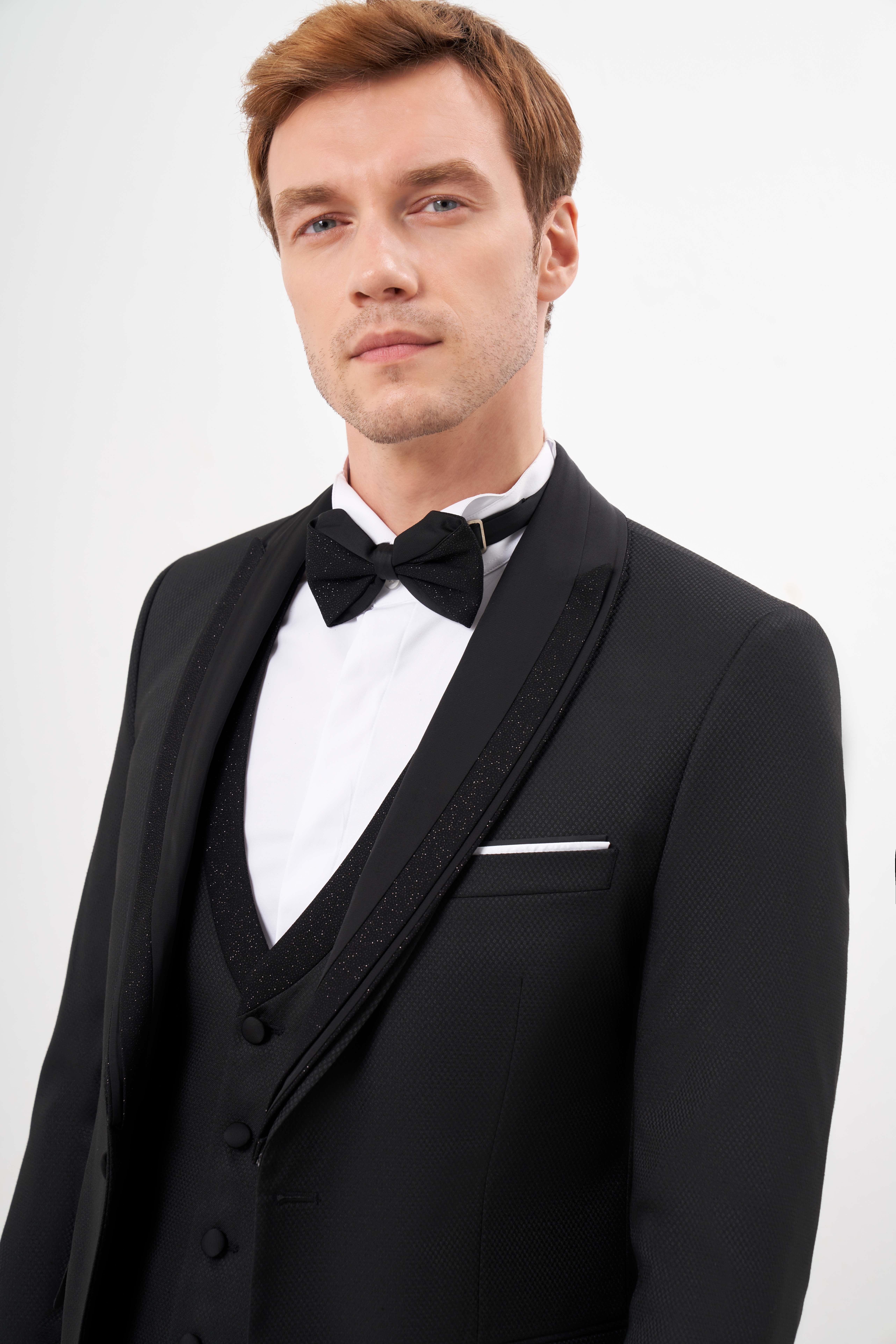 Morven Erkek Siyah Poliviskon Ceromonia Jakar Desen Slim Fit Şal Çıkma Yaka Damatlık