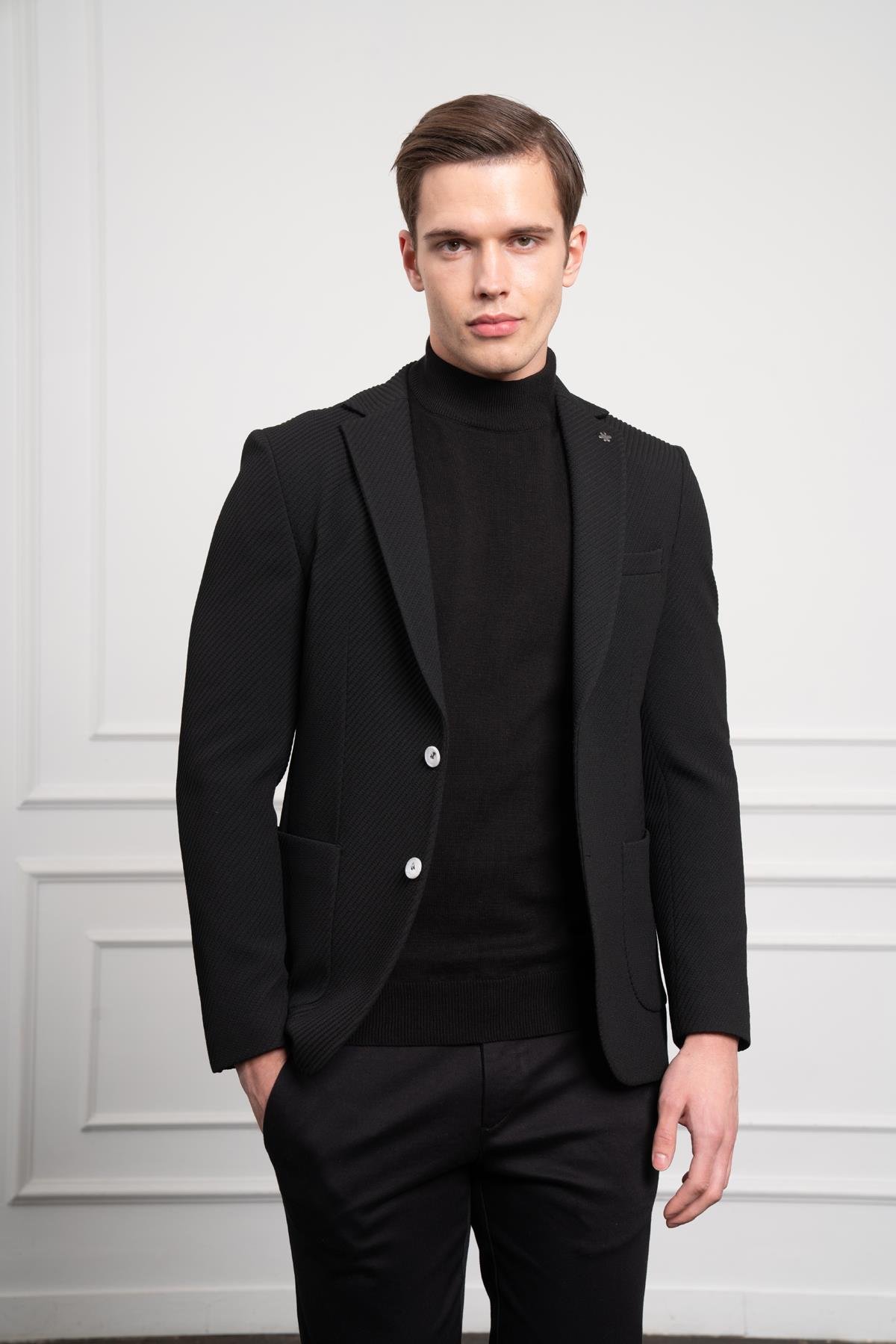 Morven Erkek Siyah Poliviskon Dokuma Desenli Slim Fit Dar Kesim Mono Yaka Ceket