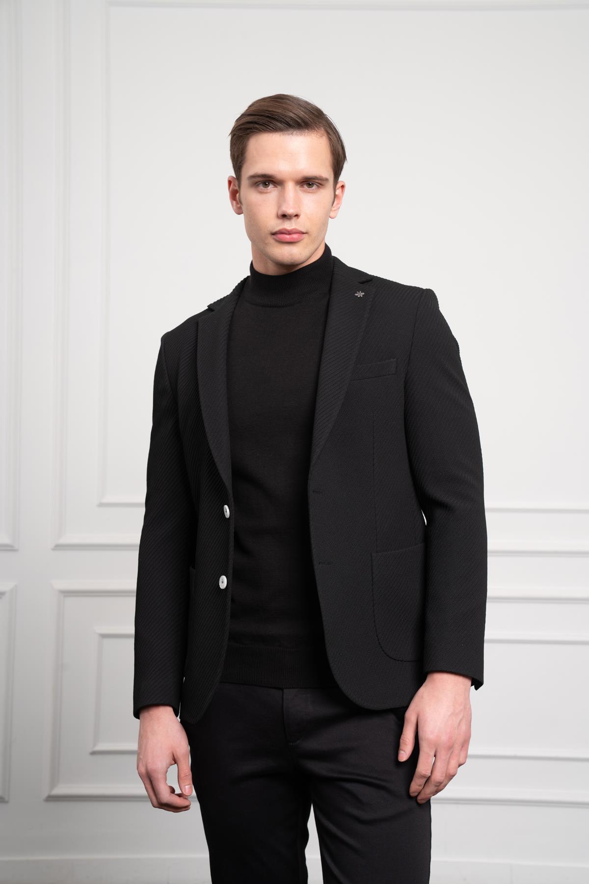 Morven Erkek Siyah Poliviskon Dokuma Desenli Slim Fit Dar Kesim Mono Yaka Ceket