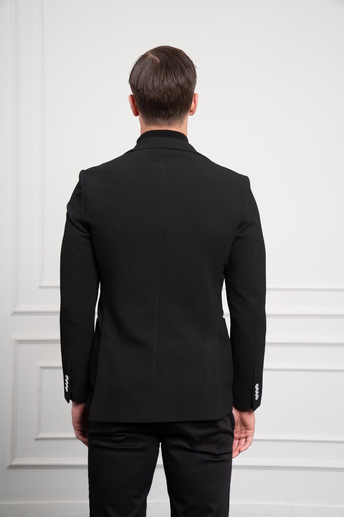 Morven Erkek Siyah Poliviskon Dokuma Desenli Slim Fit Dar Kesim Mono Yaka Ceket