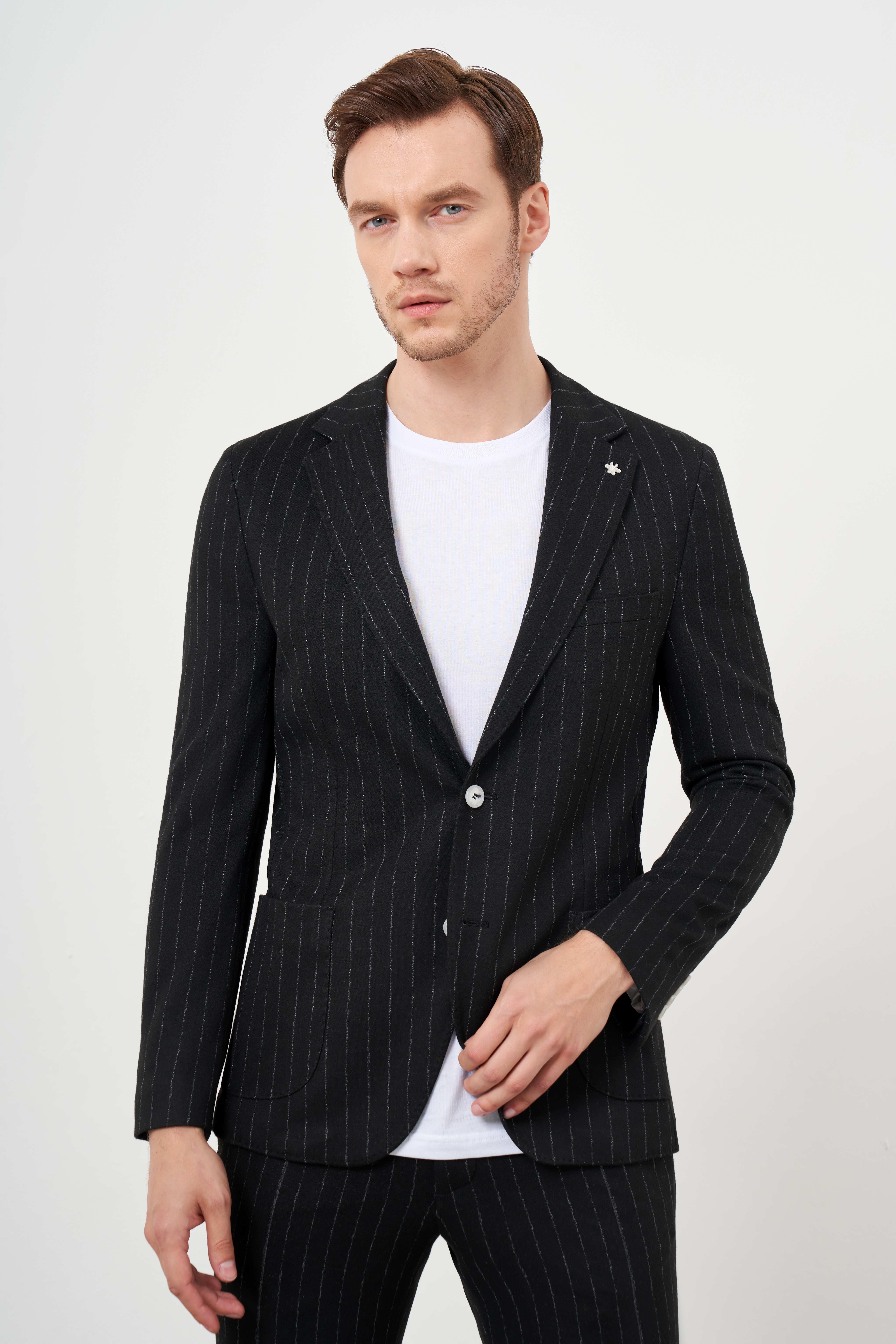 Morven Erkek Siyah Poliviskon Trend Çizgili Desen Slim Fit Mono Yaka Takım Elbise