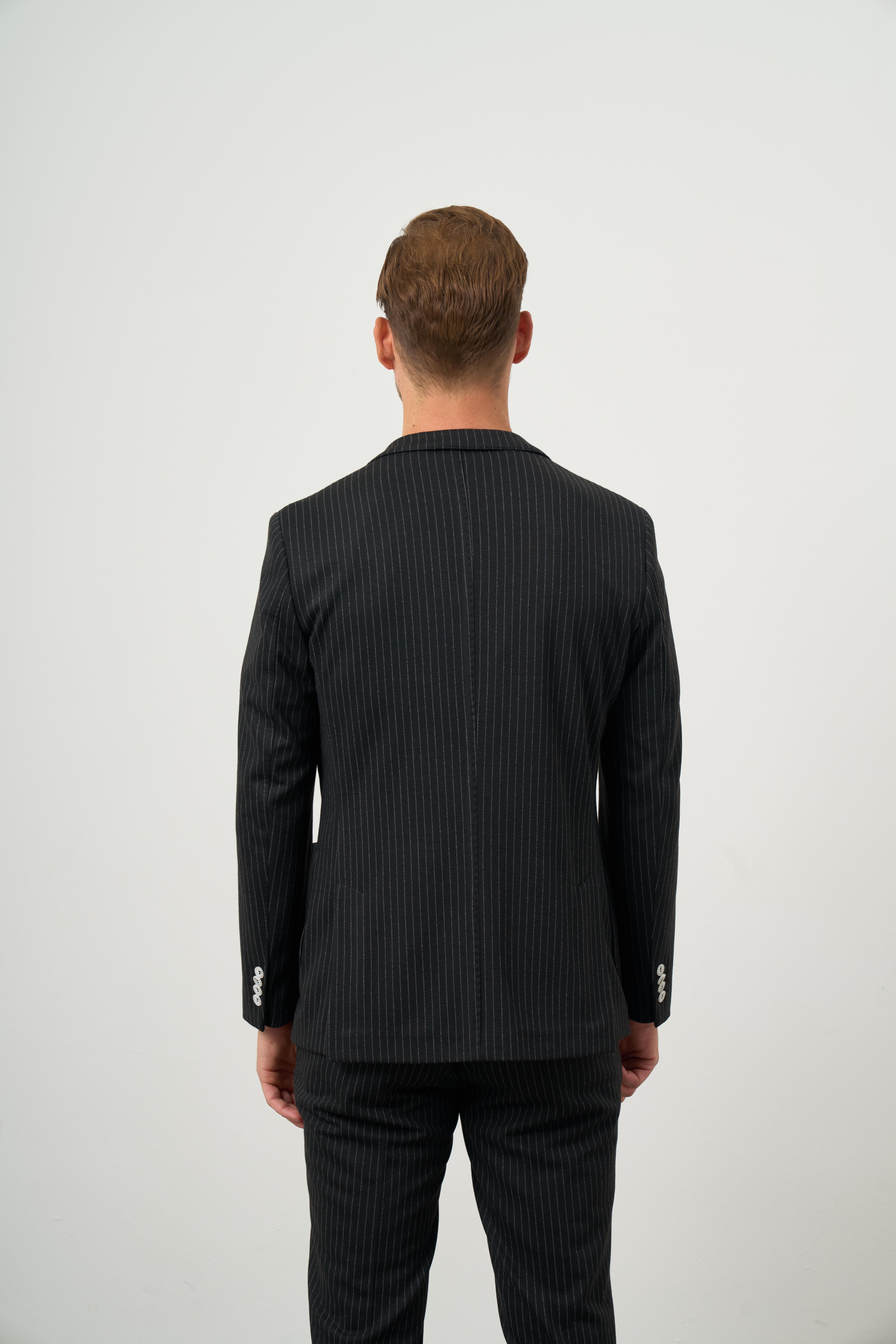 Morven Erkek Siyah Poliviskon Trend Çizgili Desen Slim Fit Mono Yaka Takım Elbise