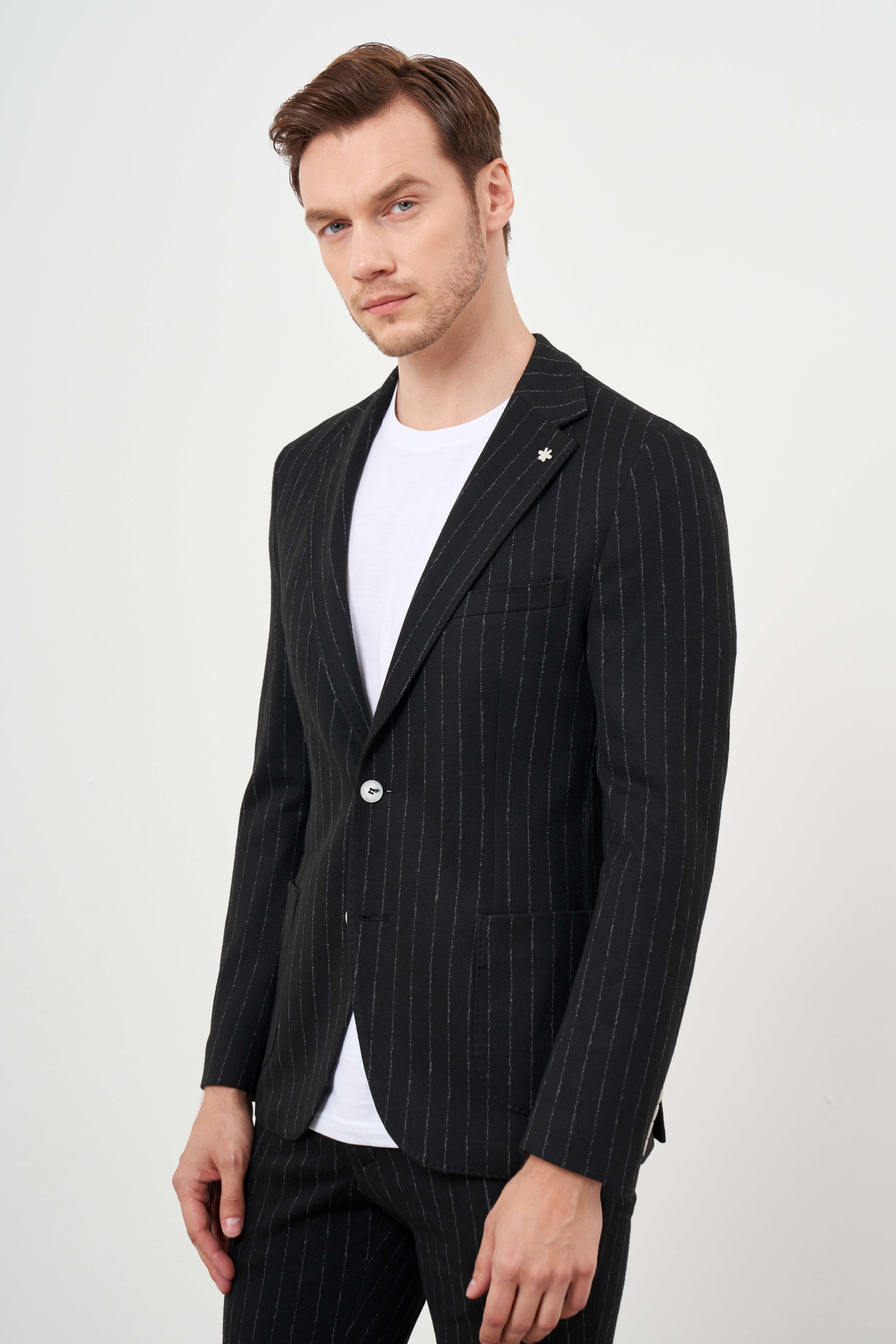 Morven Erkek Siyah Poliviskon Trend Çizgili Desen Slim Fit Mono Yaka Takım Elbise