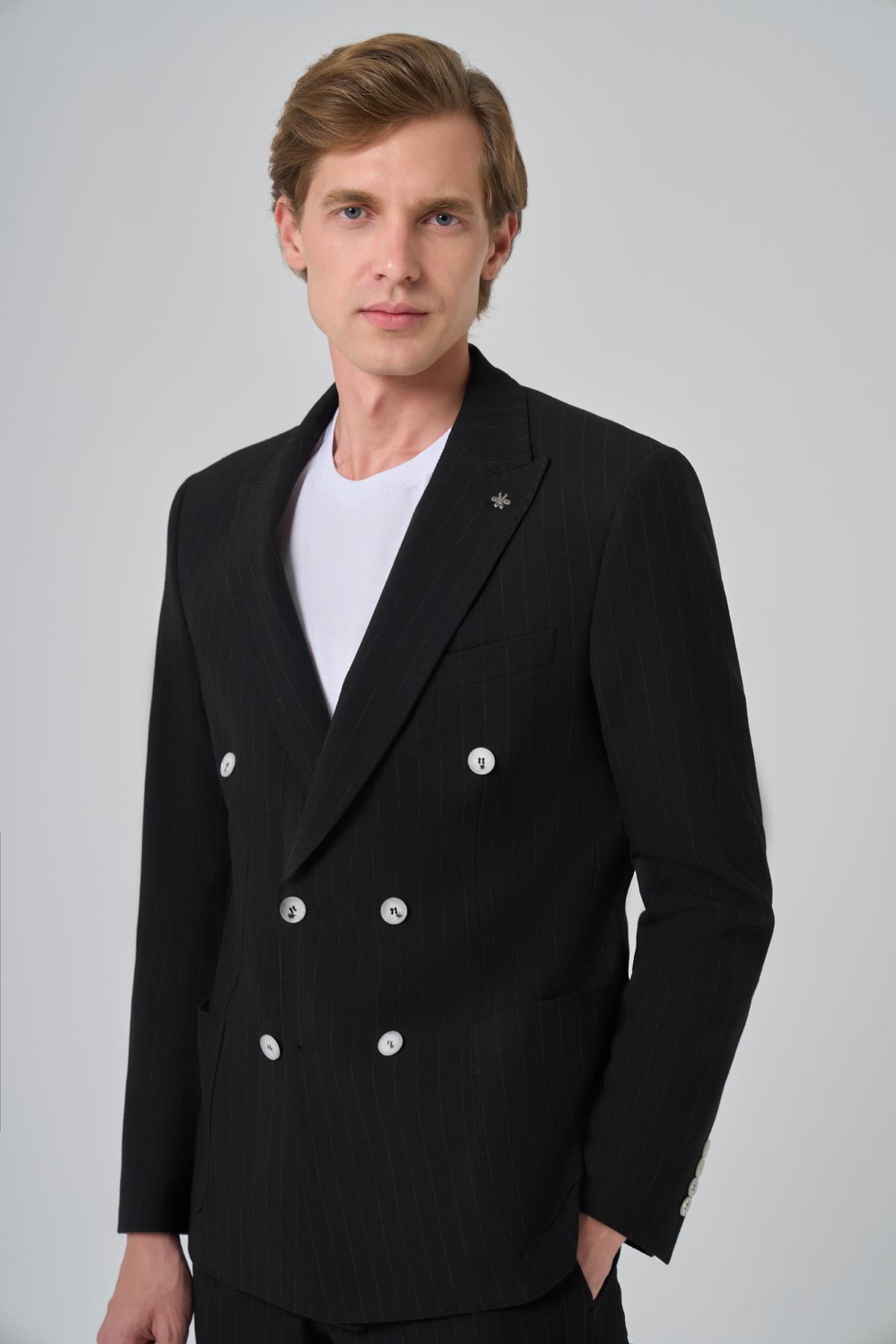 Morven Erkek Siyah Poliviskon Trend Çizgili Slim Fit Sivri Yaka Kruvaze Takım Elbise