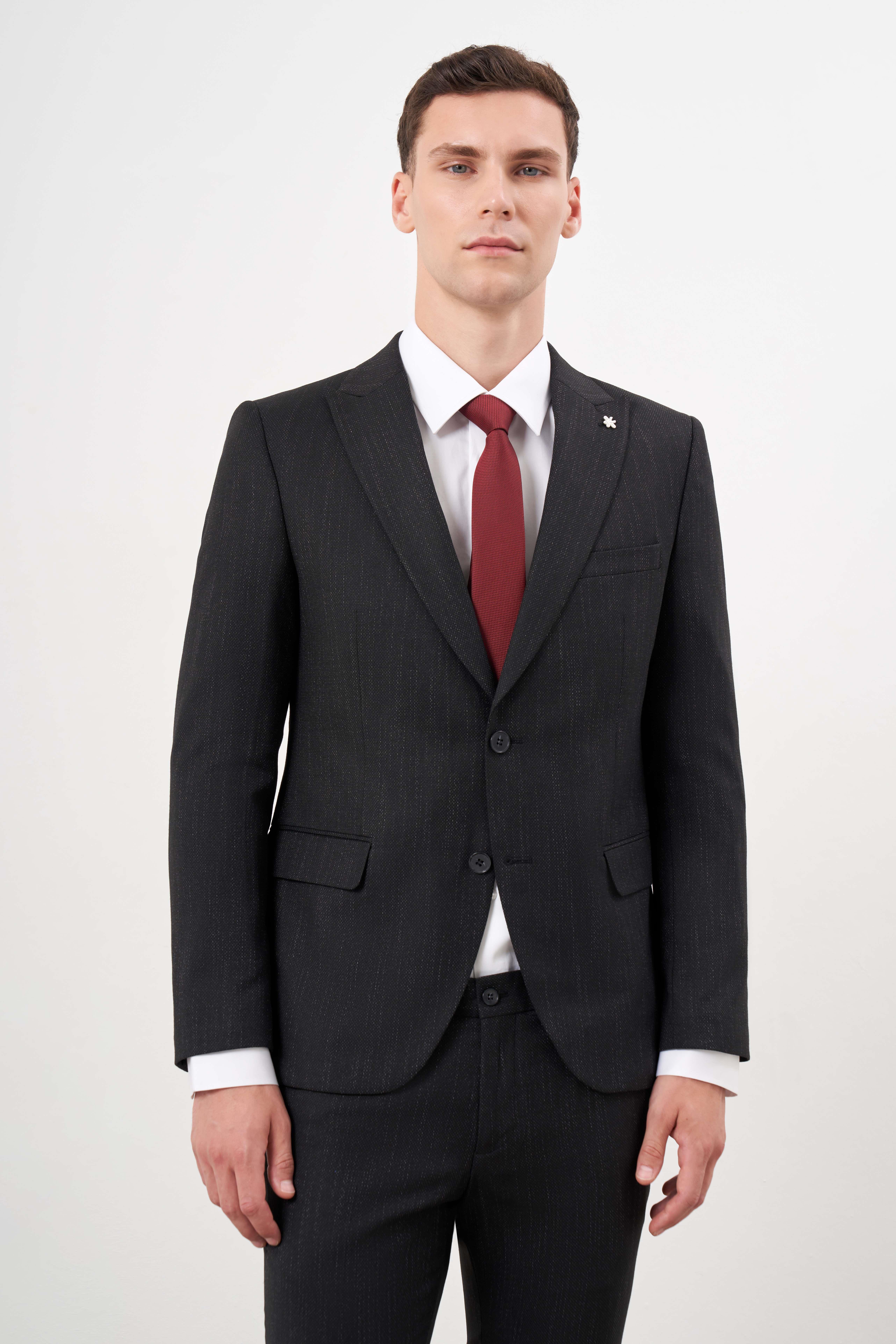 Morven Erkek Siyah Poliviskon Trend Desenli Slim Fit  Sivri Yaka Takım Elbise