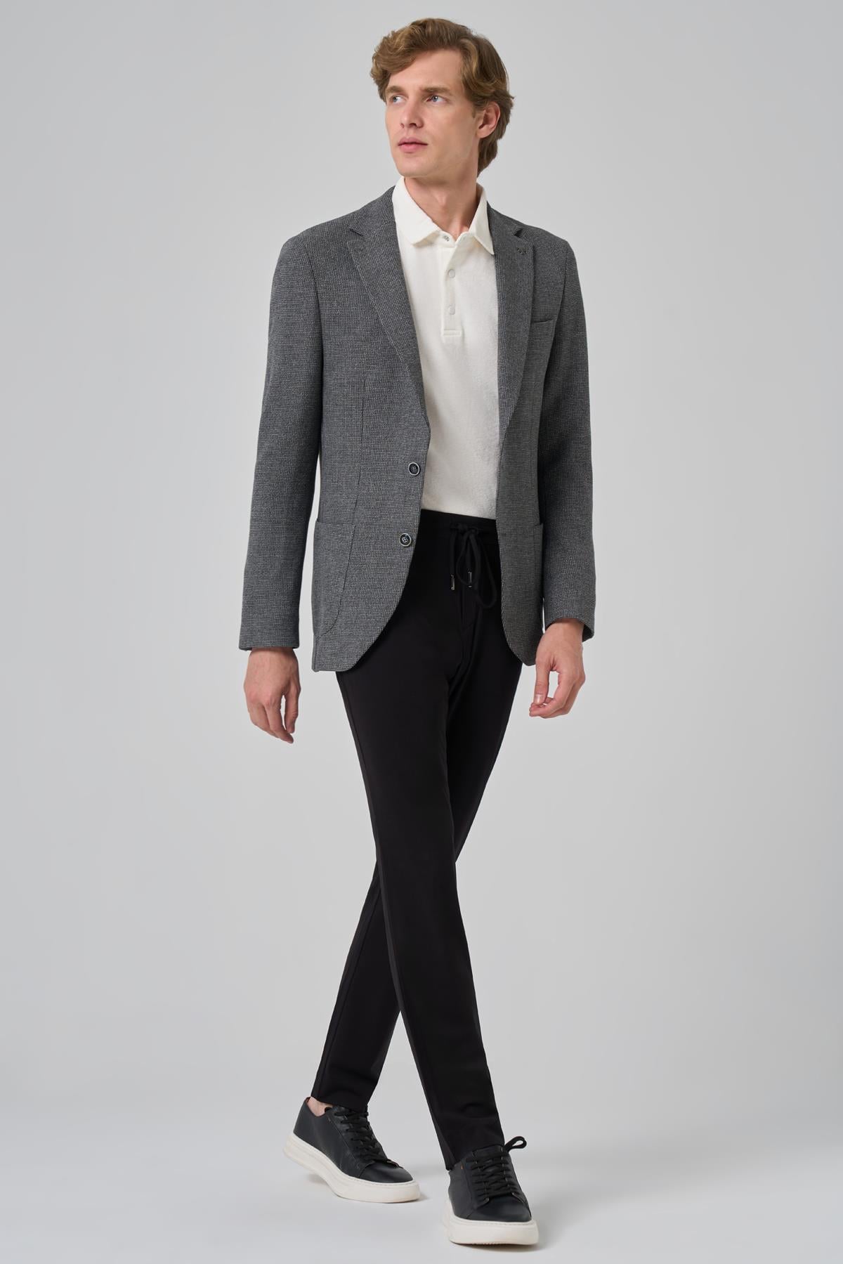 Morven Erkek Siyah Poliviskon Trend Desenli Slim Fit Mono Yaka Dokuma Ceket