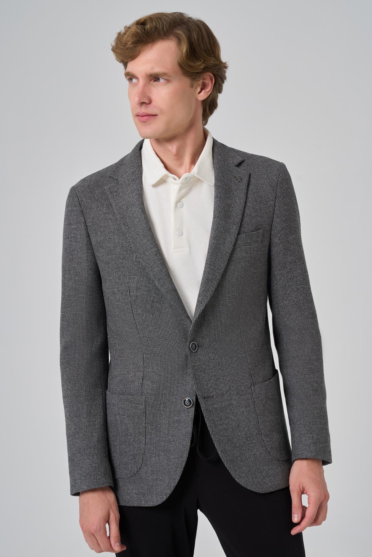 Morven Erkek Siyah Poliviskon Trend Desenli Slim Fit Mono Yaka Dokuma Ceket