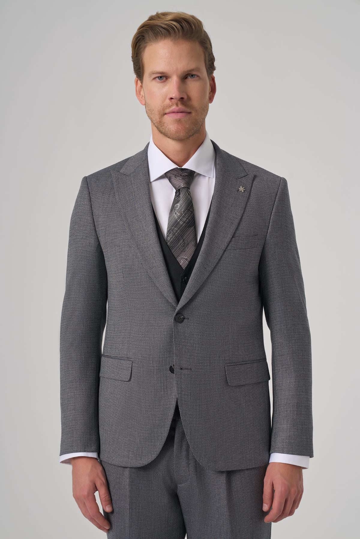 Morven Erkek Siyah Poliviskon Trend Desenli Slim Fit Yelekli Kombinli Takım Elbise