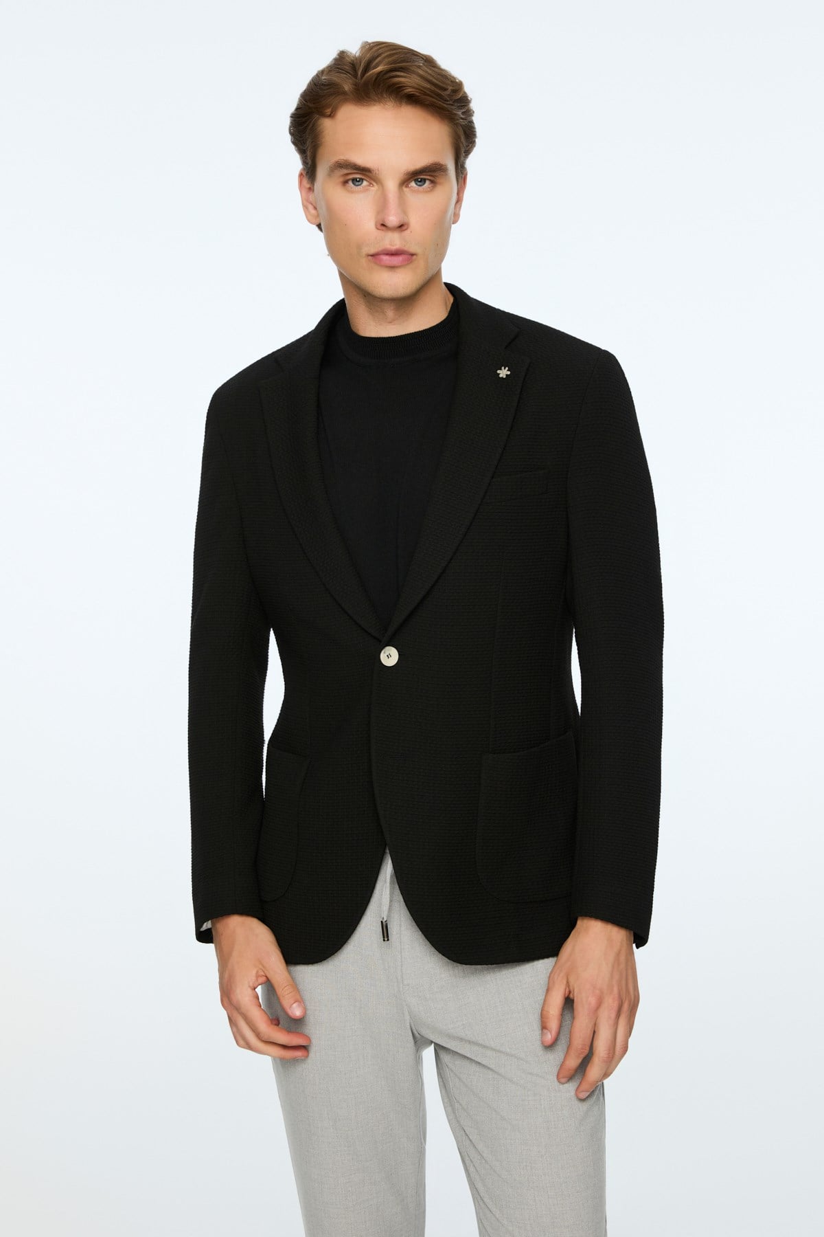 Morven Erkek Siyah Poliviskon Trend Desenli Slim Fit Ceket