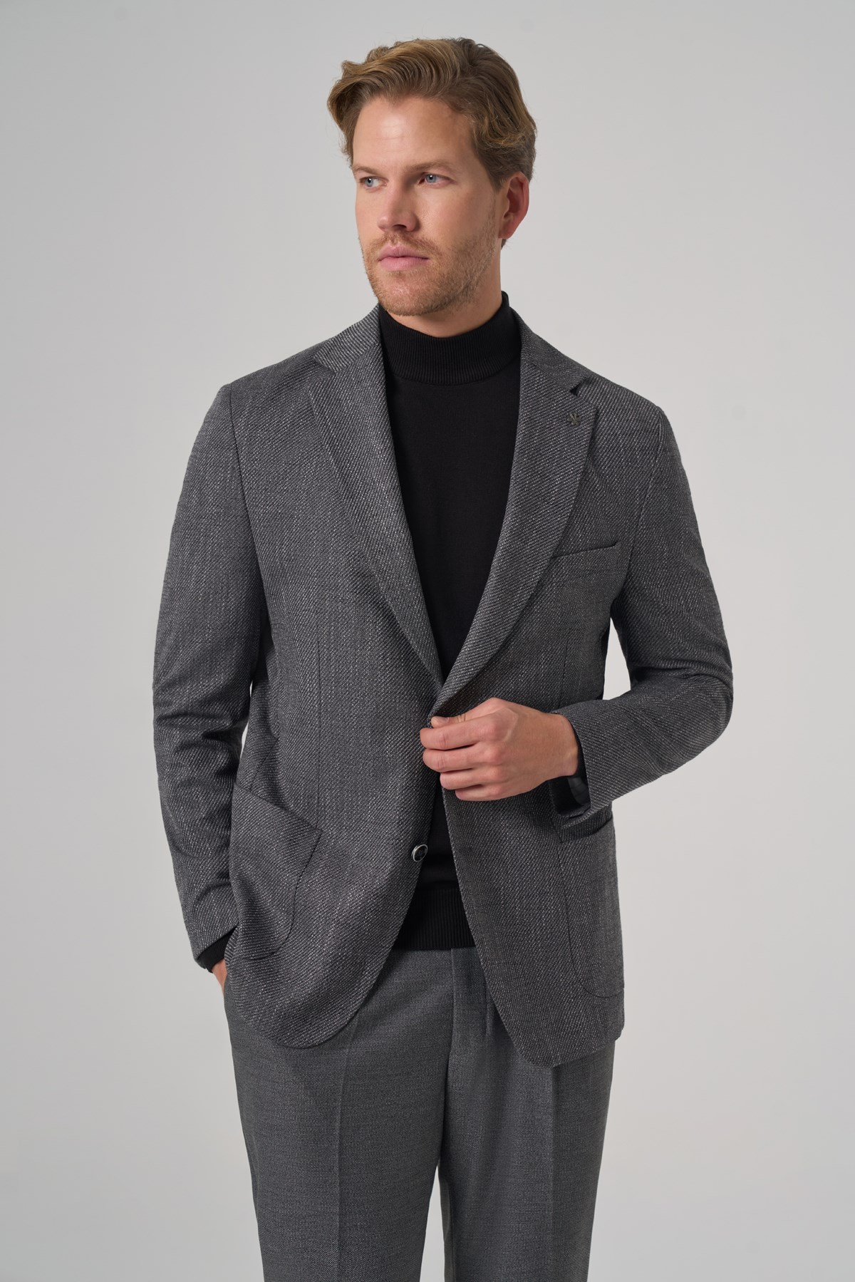 Morven Erkek Siyah Poliviskon Trend Desenli Dynamic Fit Mono Yaka Ceket
