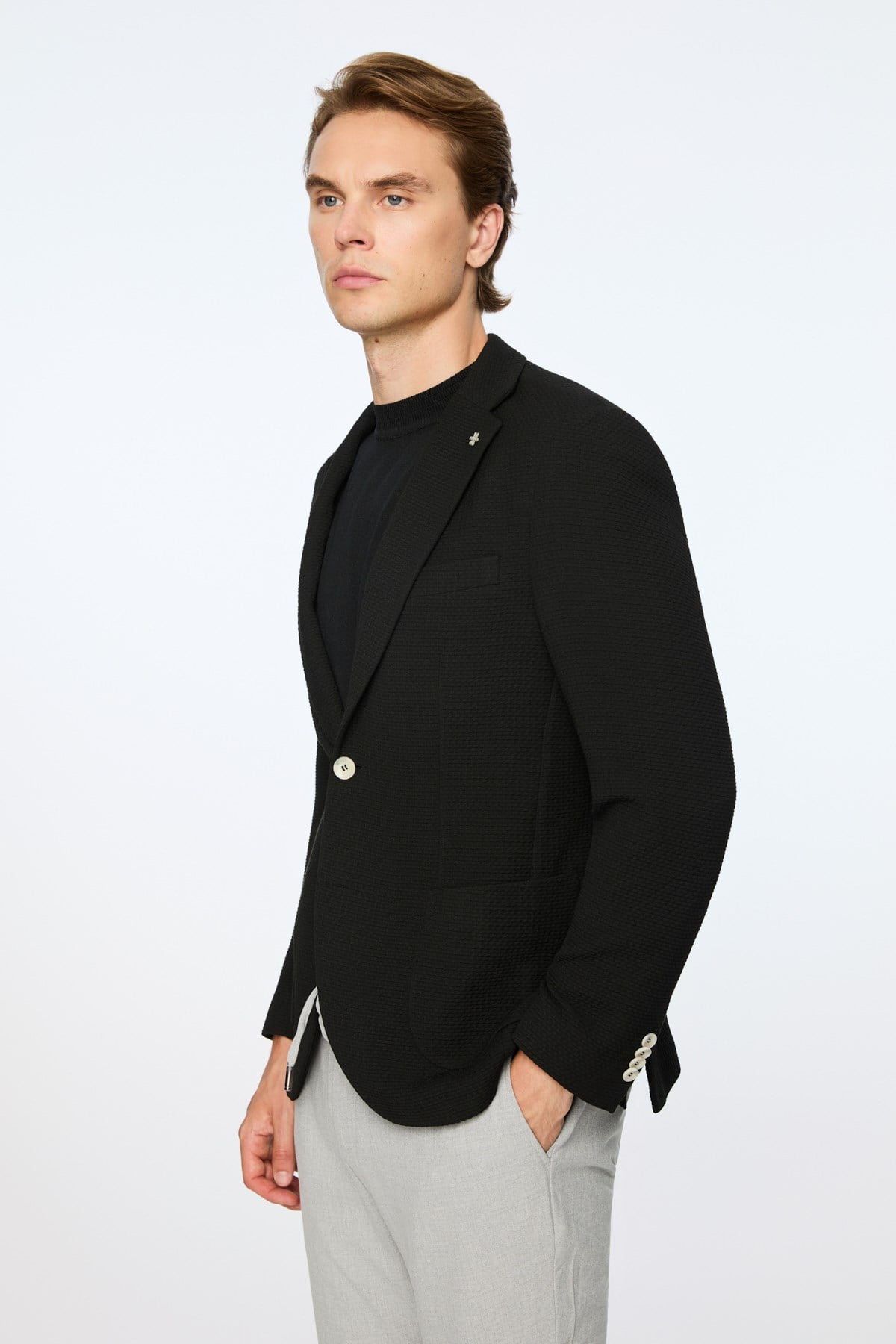 Morven Erkek Siyah Poliviskon Trend Desenli Slim Fit Ceket
