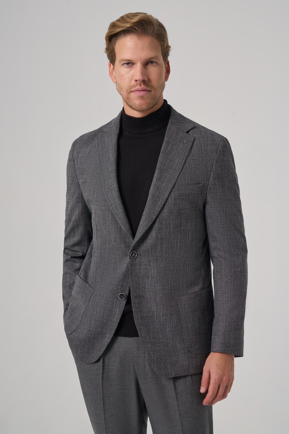 Morven Erkek Siyah Poliviskon Trend Desenli Dynamic Fit Mono Yaka Ceket