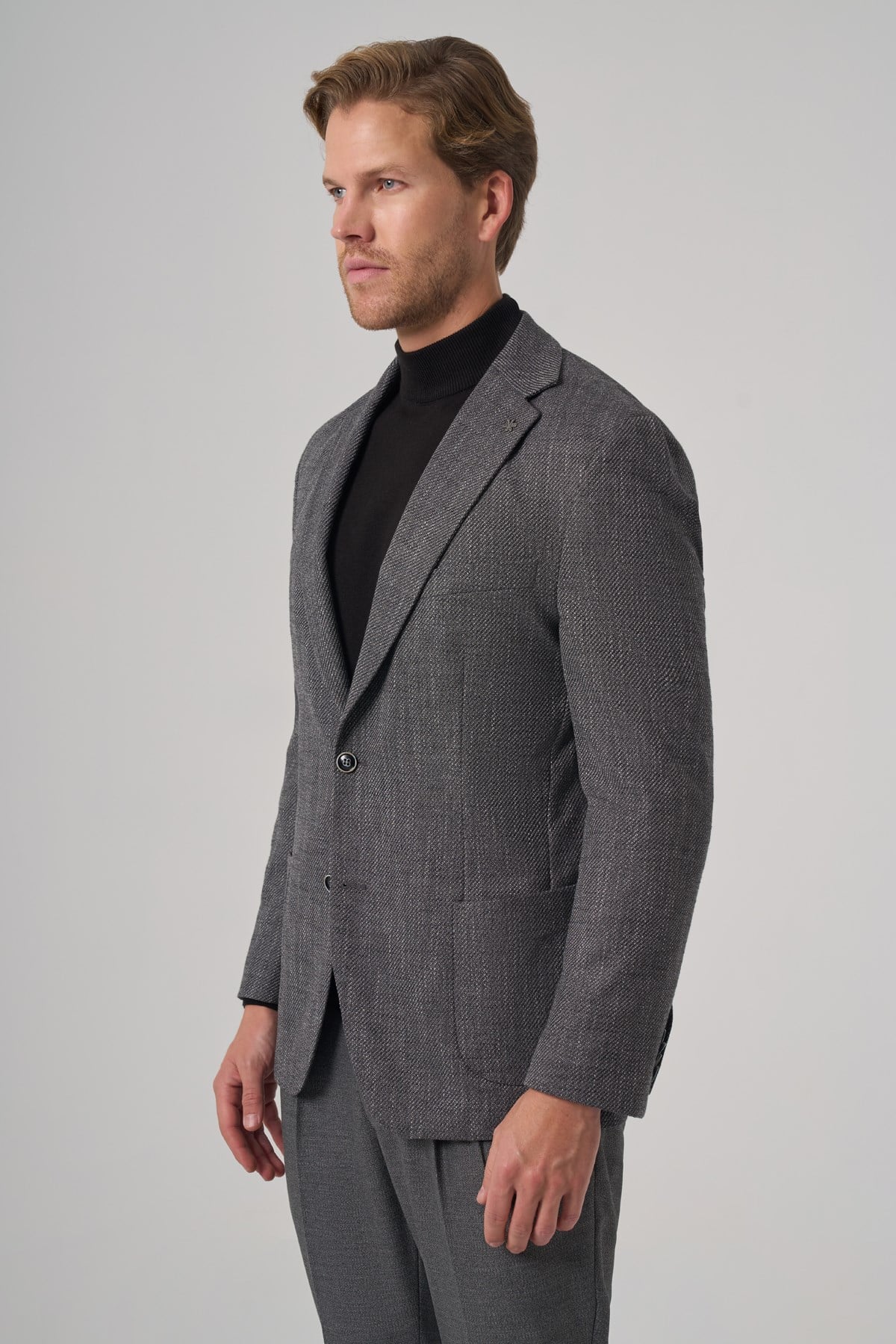 Morven Erkek Siyah Poliviskon Trend Desenli Dynamic Fit Mono Yaka Ceket
