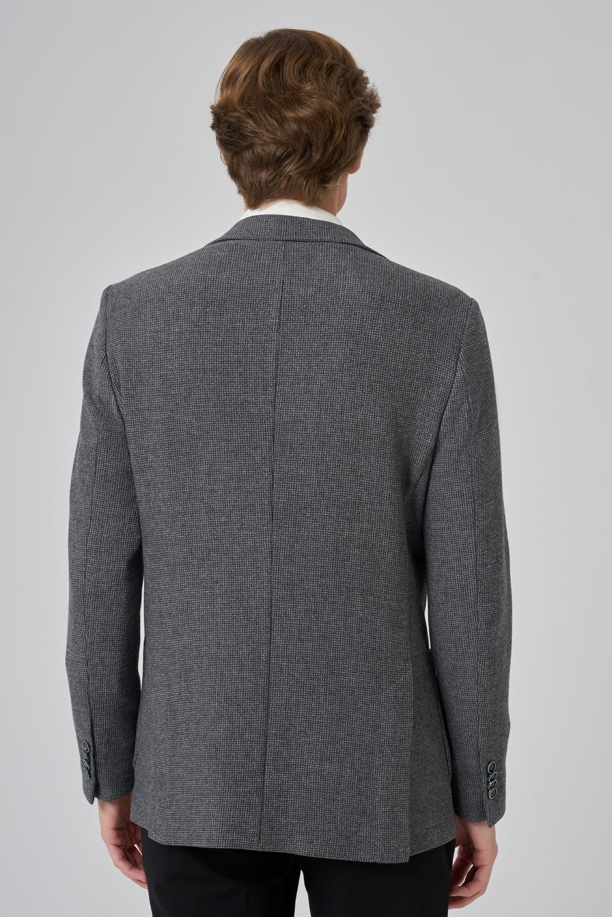 Morven Erkek Siyah Poliviskon Trend Desenli Slim Fit Mono Yaka Dokuma Ceket