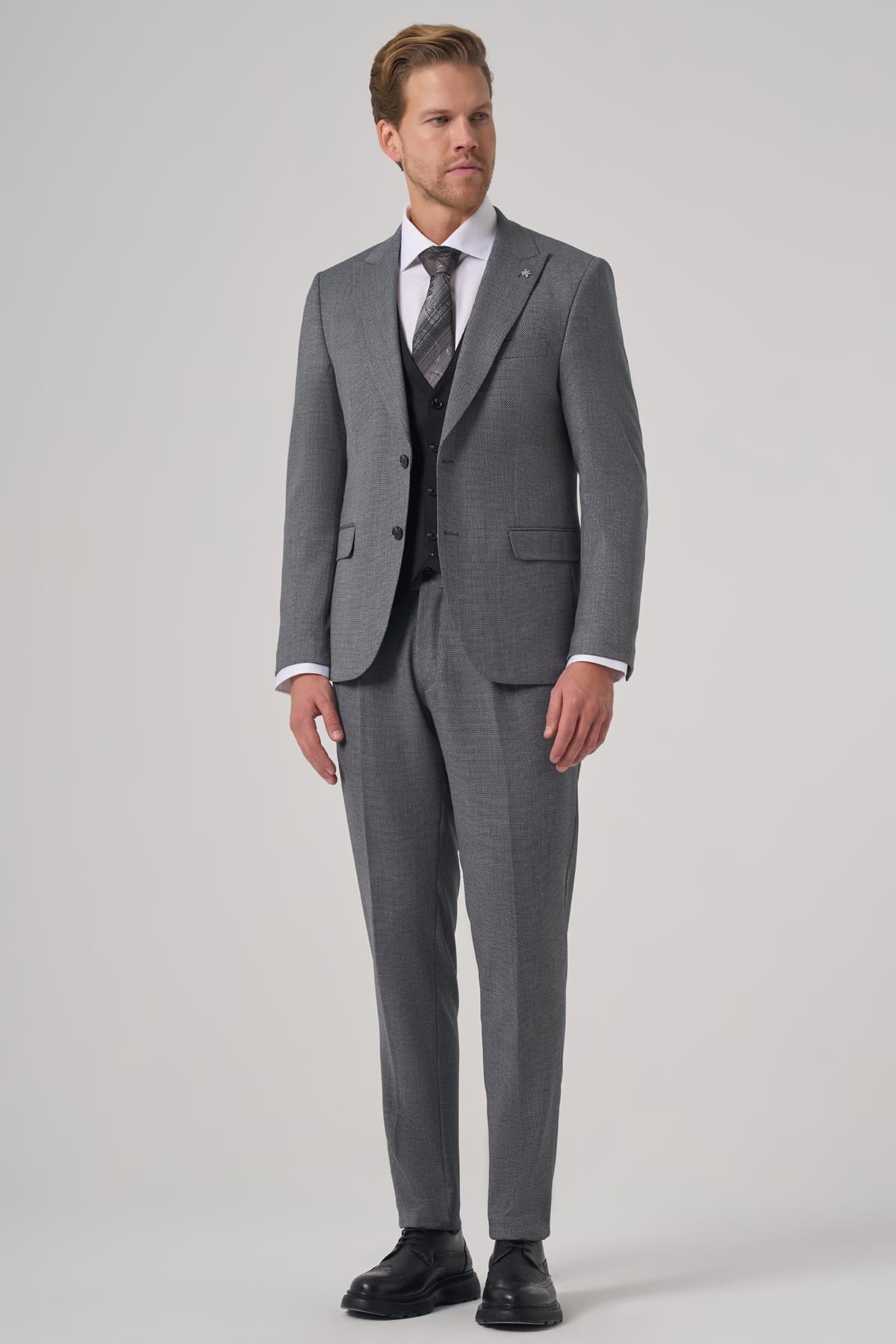 Morven Erkek Siyah Poliviskon Trend Desenli Slim Fit Yelekli Kombinli Takım Elbise