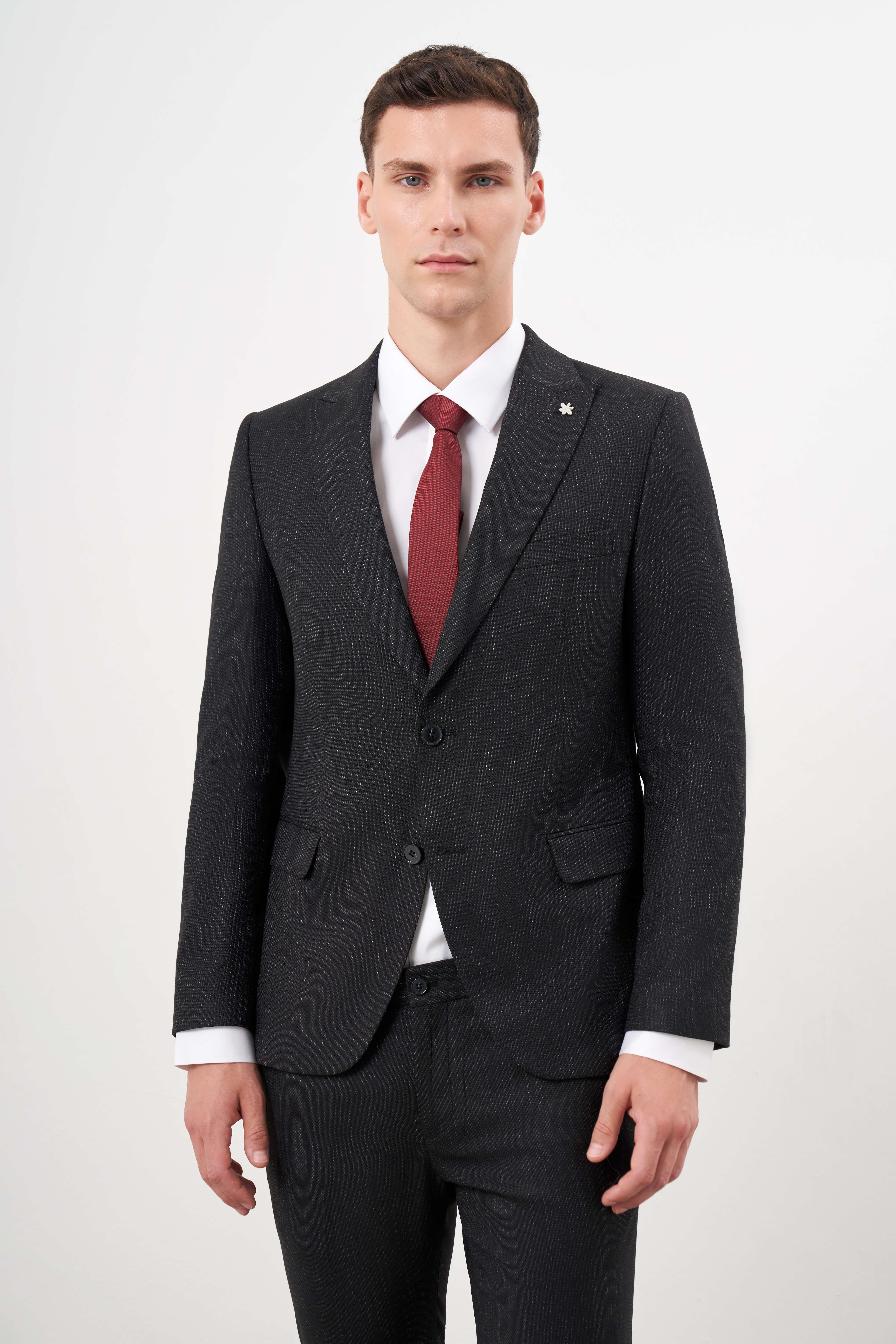 Morven Erkek Siyah Poliviskon Trend Desenli Slim Fit  Sivri Yaka Takım Elbise
