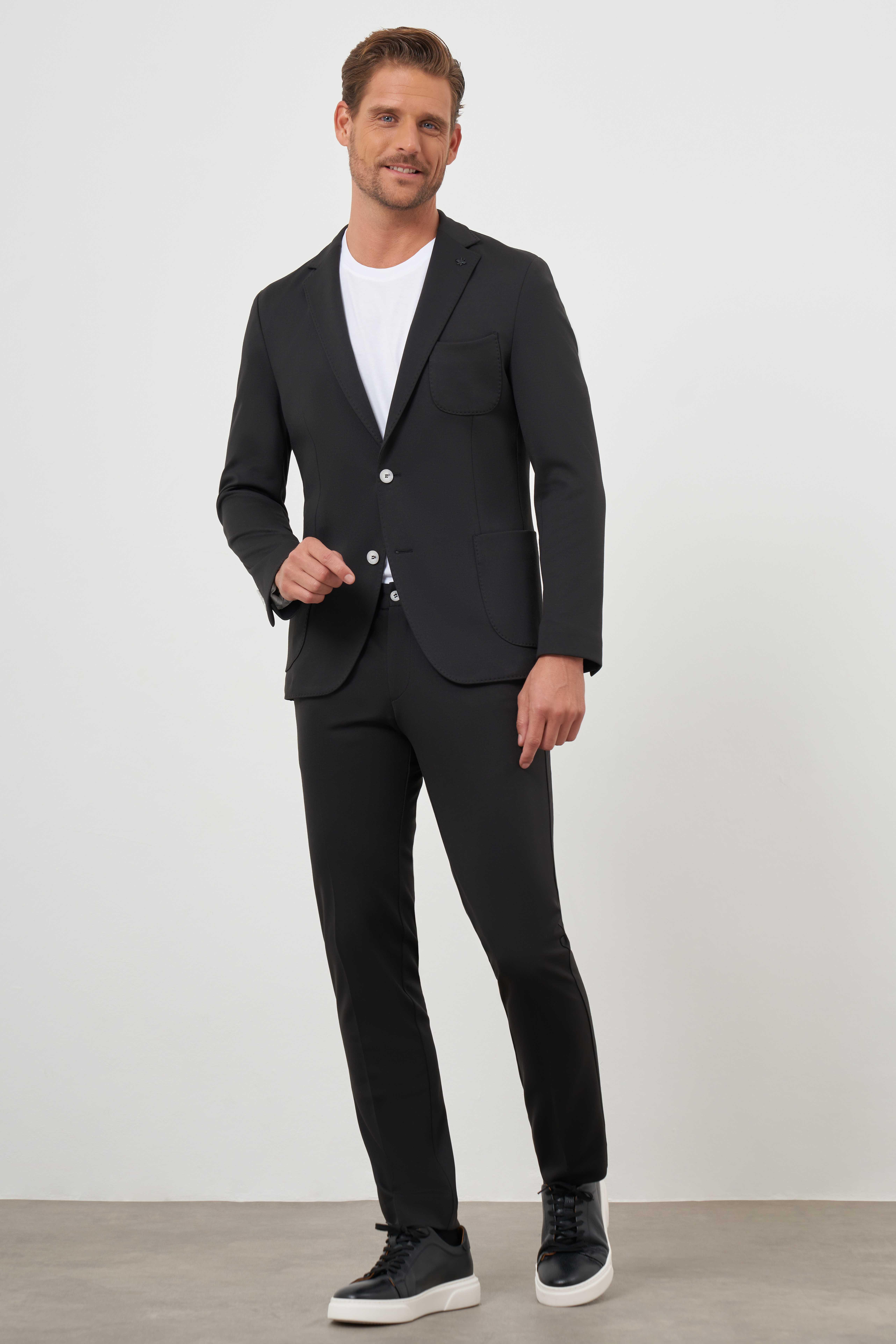 Morven Erkek Siyah Poliviskon Trend Desenli Slim Fit Mono Yaka Takım Elbise