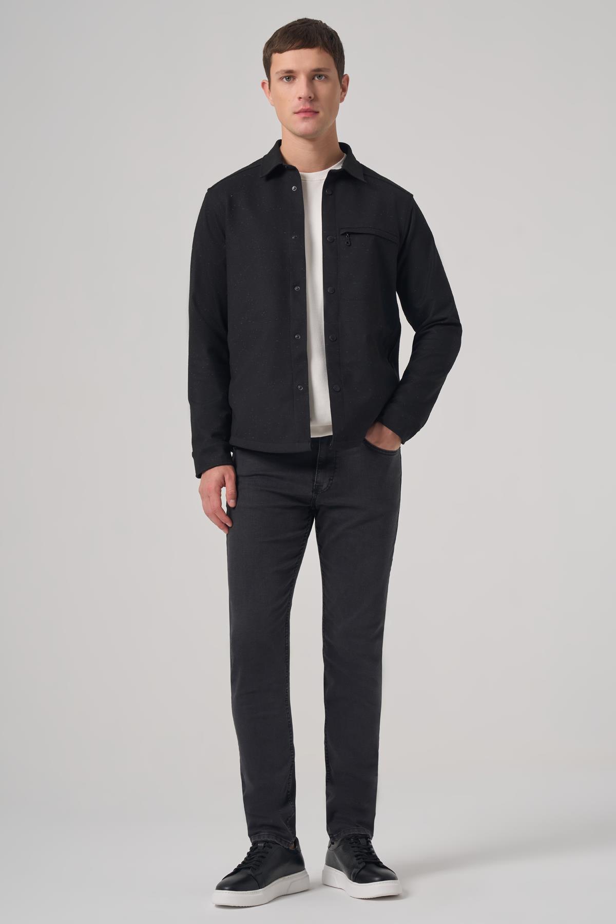 Morven Erkek Siyah Poliviskon Trend Düz Dynamic Fit Worker Gömlek Ceket
