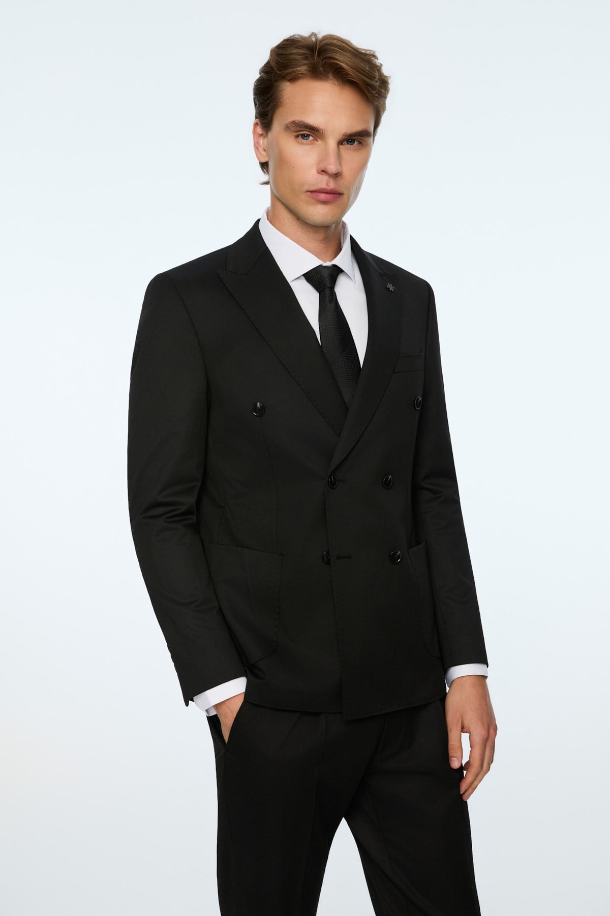 Morven Erkek Siyah Poliviskon Trend Düz Slim Fit Sivri Yaka Kruvaze Takım Elbise