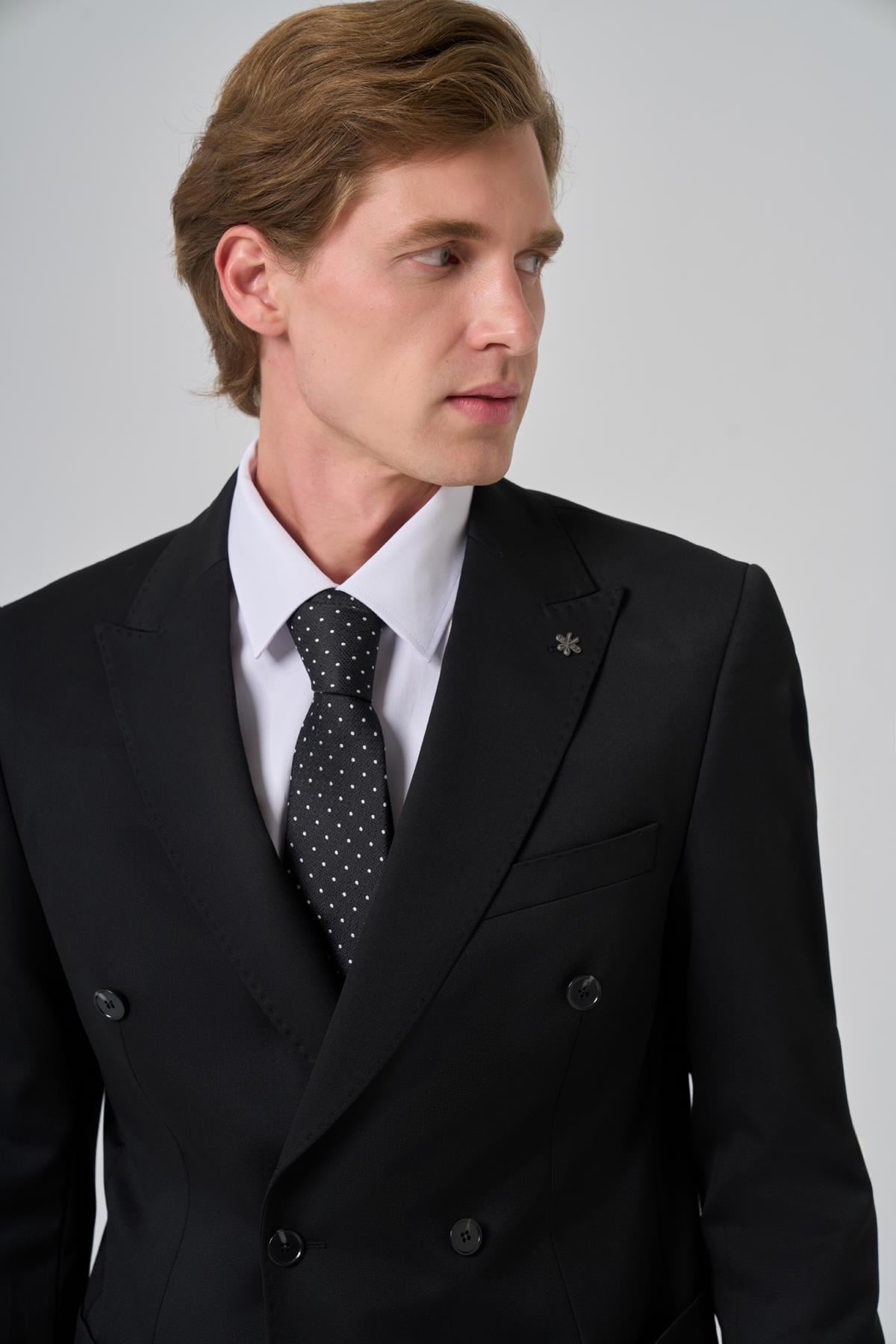 Morven Erkek Siyah Poliviskon Trend Düz Desen Slim Fit Sivri Yaka Kruvaze Takım Elbise