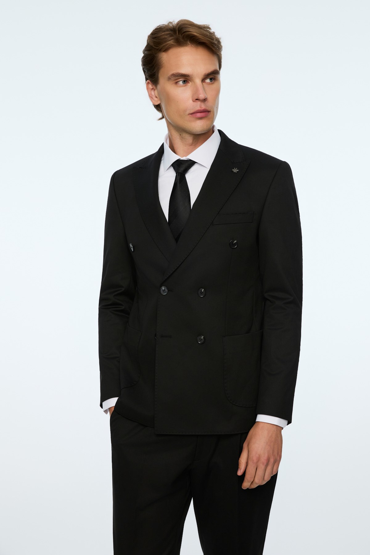 Morven Erkek Siyah Poliviskon Trend Düz Slim Fit Sivri Yaka Kruvaze Takım Elbise
